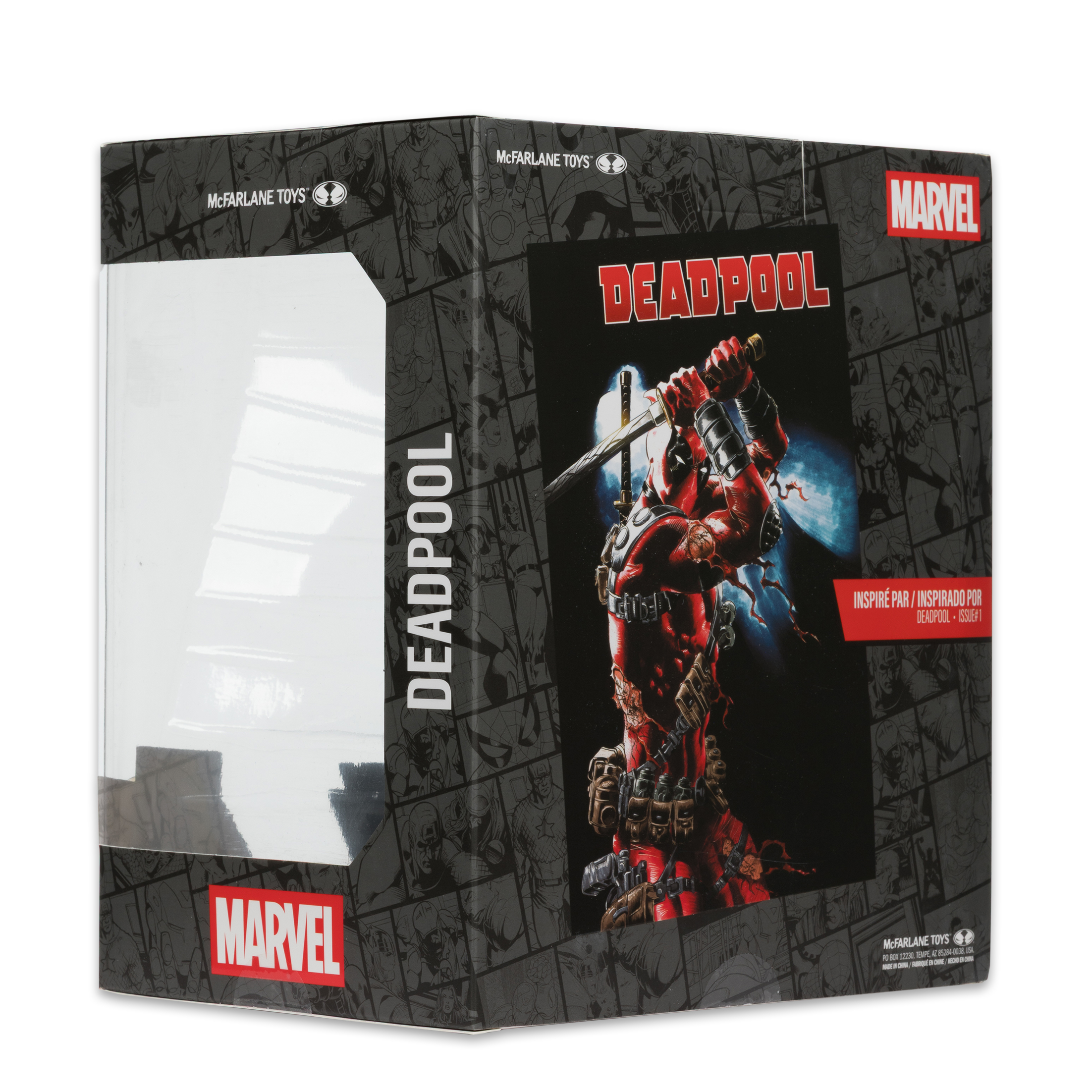 Una scatola di action figure di Deadpool. La scatola è nera e rossa. Presenta Deadpool con la sua katana e il logo Marvel.