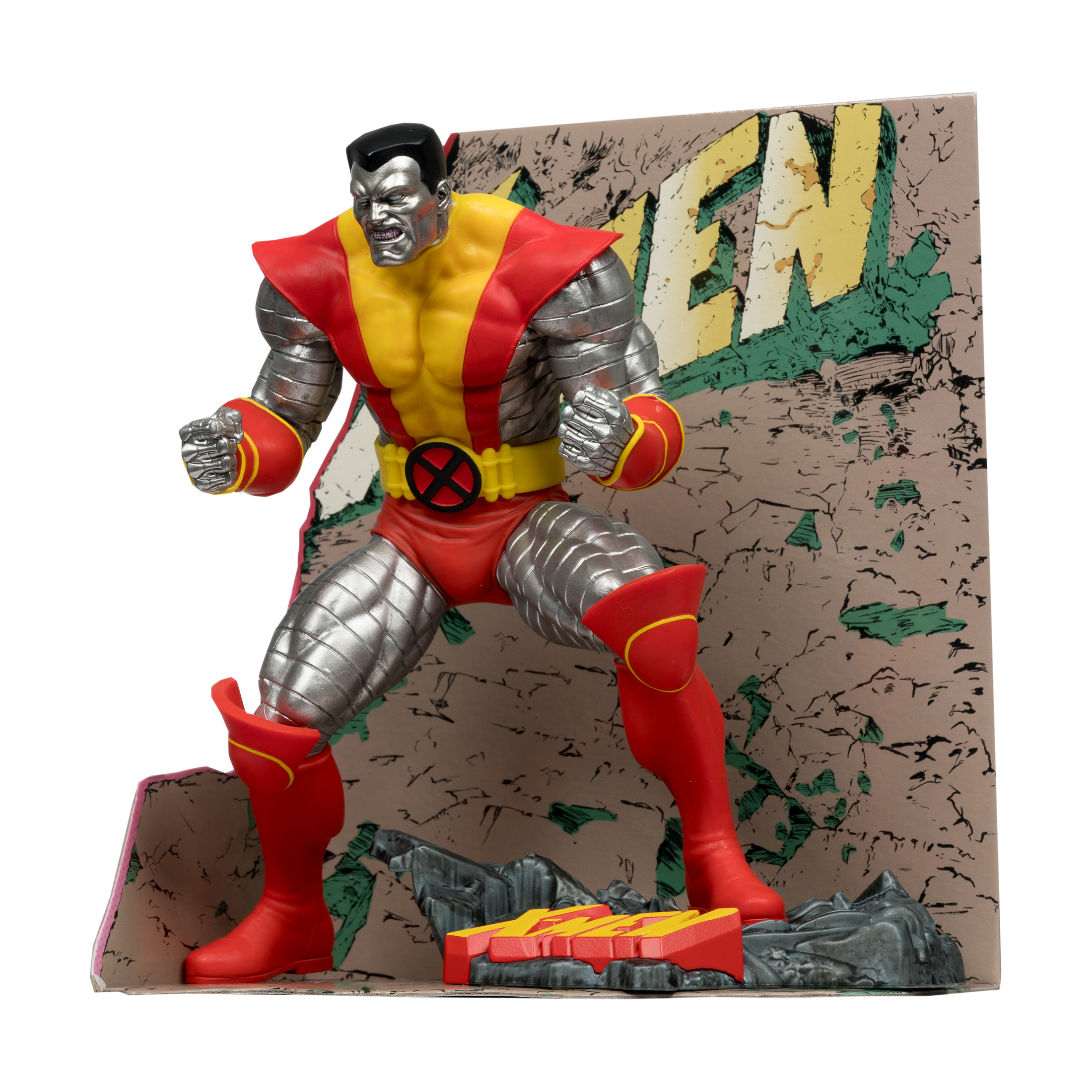 Action figure di Colossus in rosso, giallo e argento, in posa davanti a uno sfondo con la scritta X-MEN.