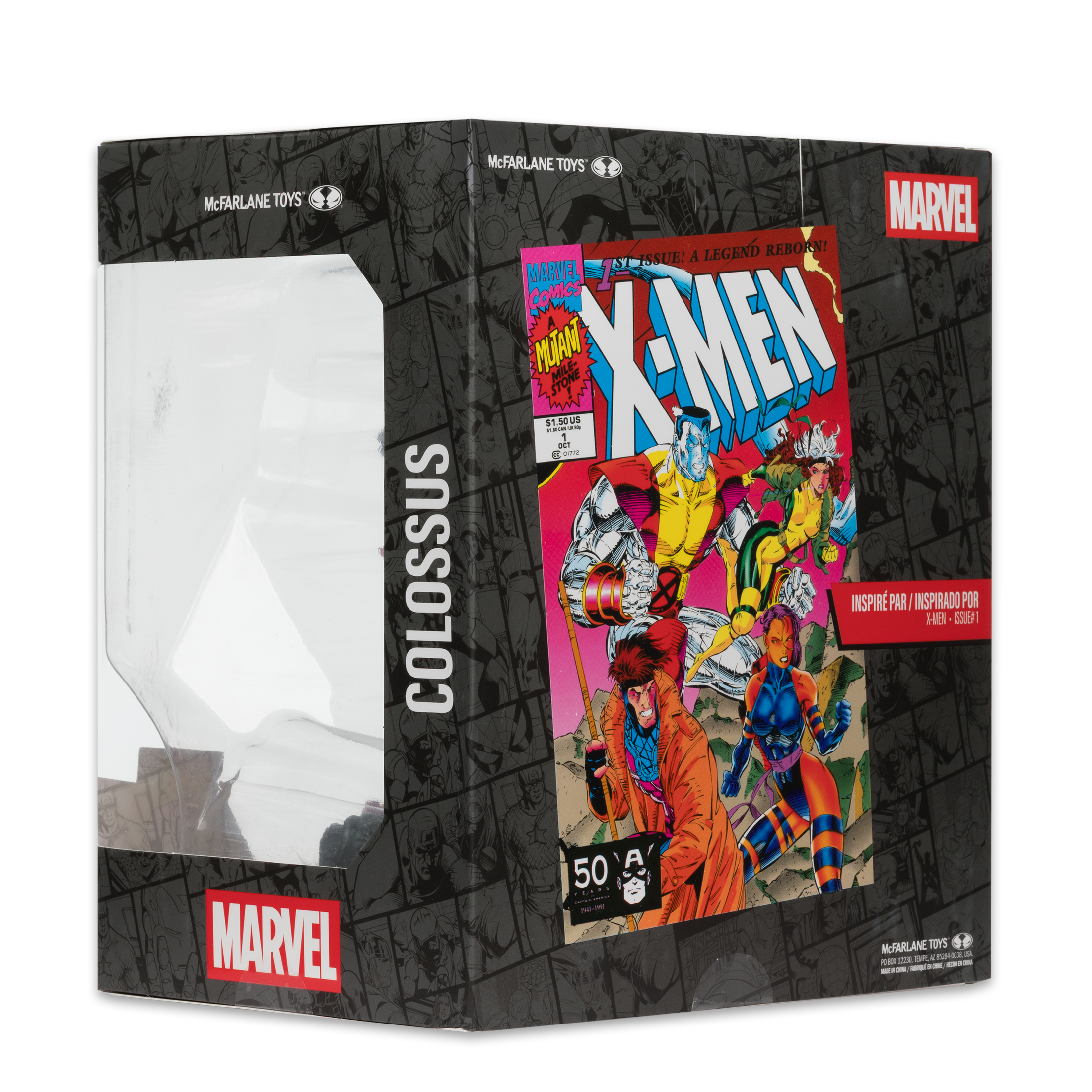 Una scatola McFarlane Toys. La scatola presenta l'arte del fumetto degli X-Men, il logo Marvel e la parola Colossus. La scatola è per un giocattolo.