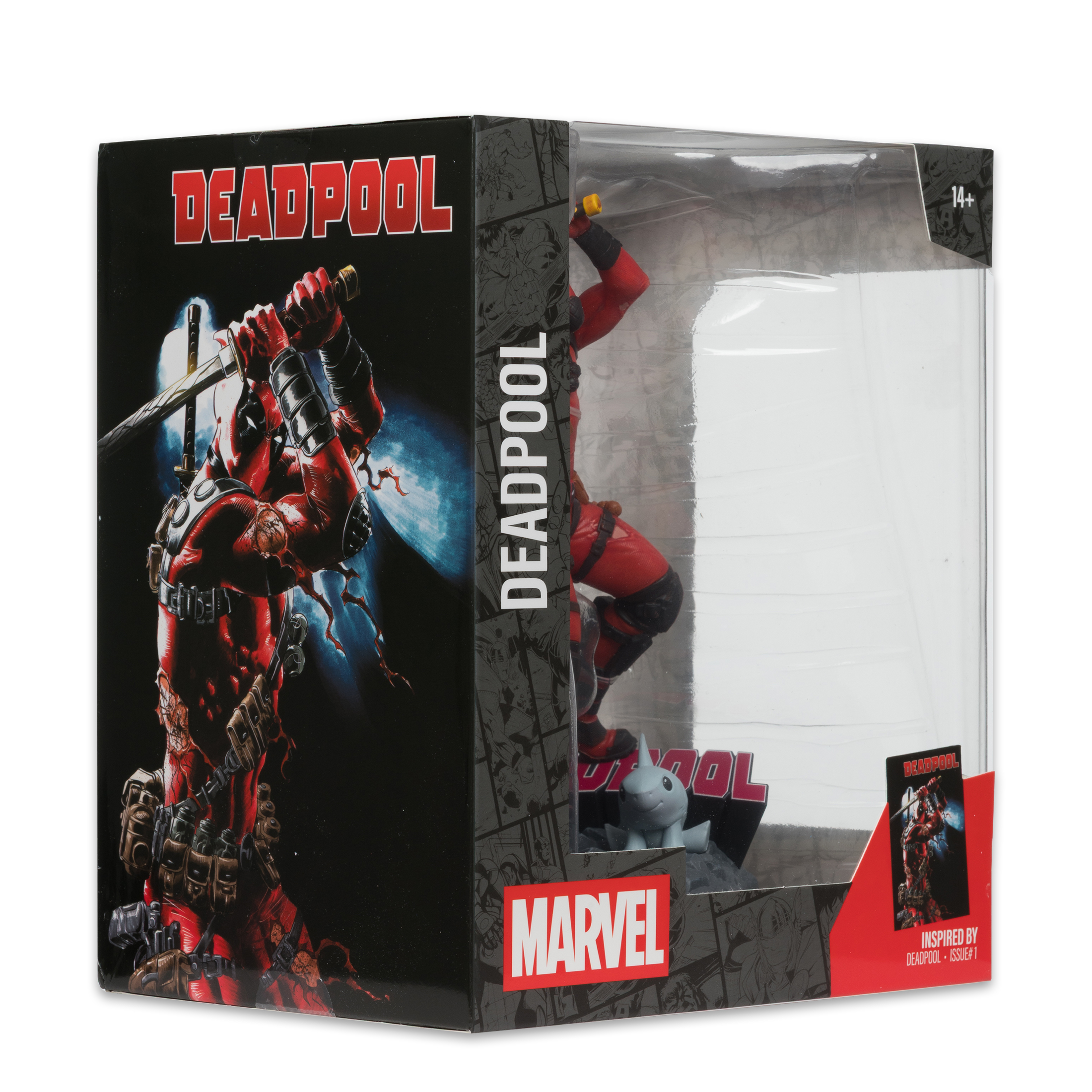 Action figure di Deadpool in una scatola. La scatola presenta grafica di Deadpool e il logo Marvel. La figura è rossa e nera.