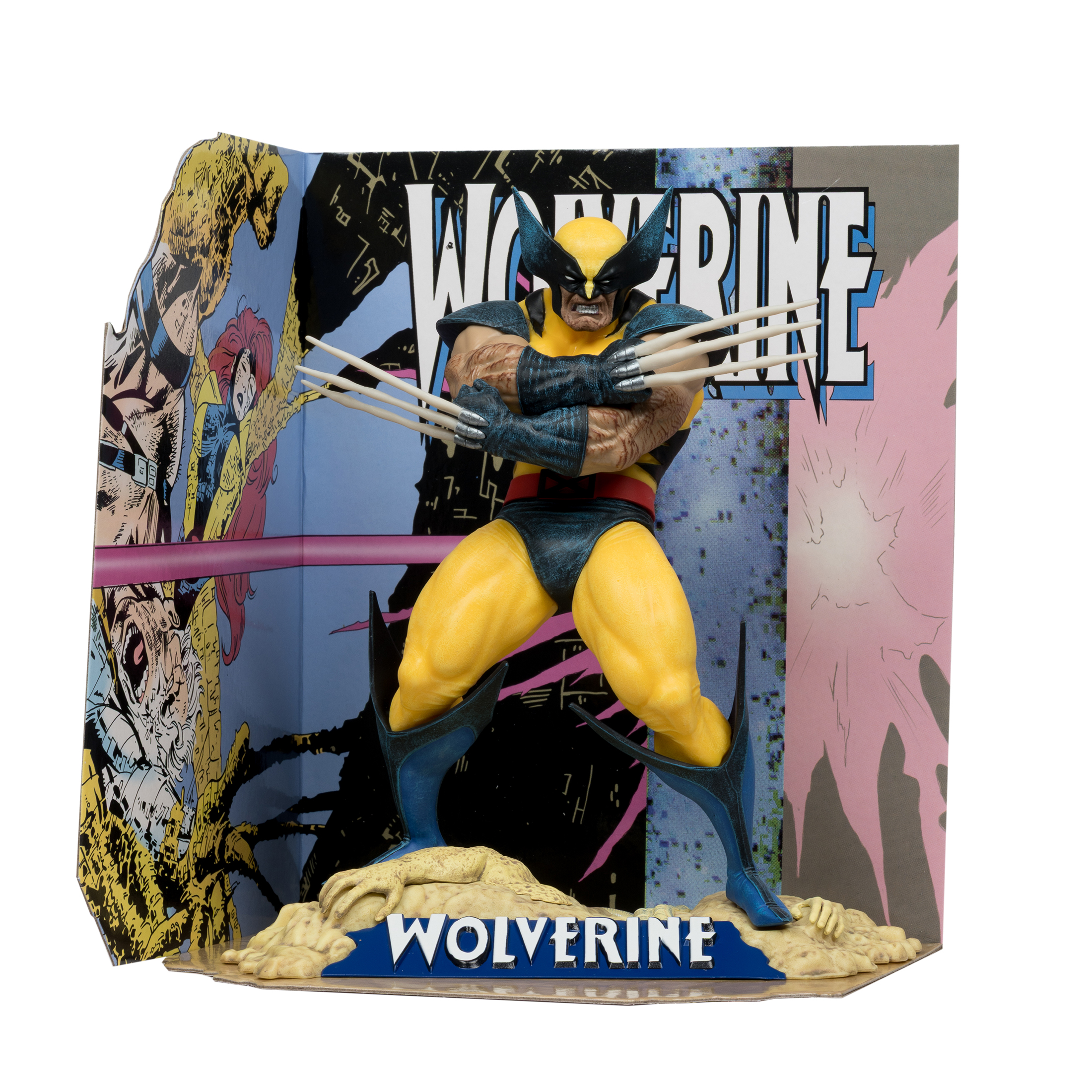 Wolverine-Statue mit ausgestreckten Krallen. Gelbes und blaues Kostüm, auf einem Ständer mit Comic-Hintergrund und Namen.