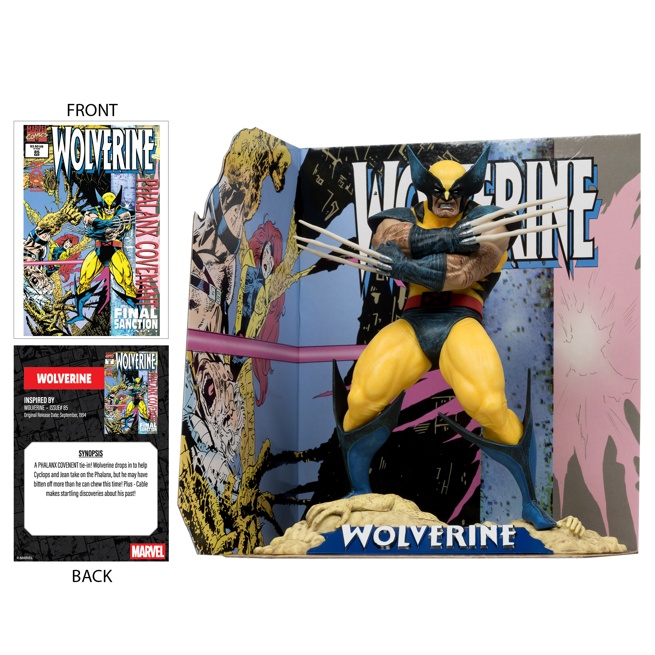 Wolverine-Figur mit ausgestreckten Krallen. Er trägt einen gelben und blauen Anzug. Ein Comic-Cover ist im Hintergrund.