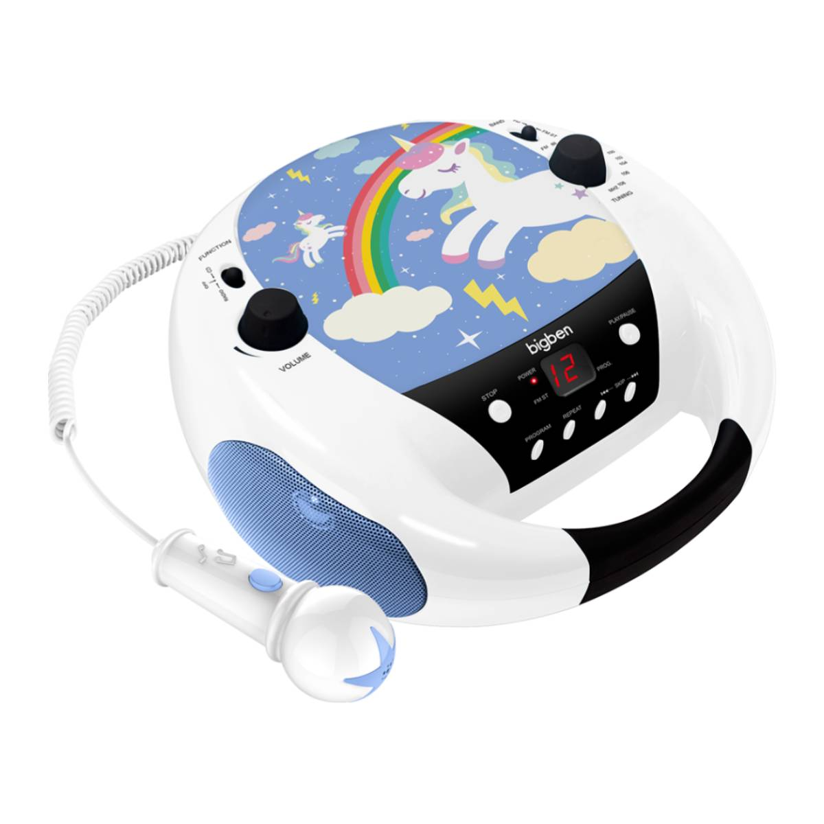 Macchina per karaoke bianca con design a unicorno. Include microfono. Dispone di display digitale, controllo del volume e vari pulsanti.
