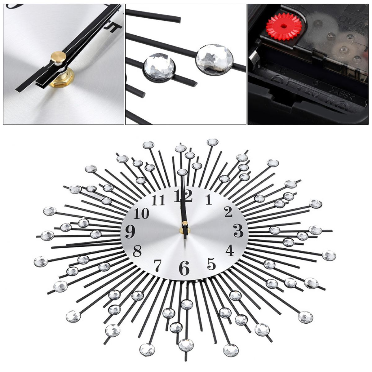 Eine silberne Uhr mit schwarzen Linien, die nach außen strahlen. Sie hat Kristallakzente und schwarze Zeiger. Das Zifferblatt hat Zahlen.
