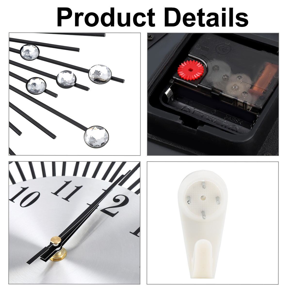 Produktdetails einer Uhr. Enthält Nahaufnahmen von Zifferblatt, Mechanismus, Dekorationselementen und einem Wandhaken.