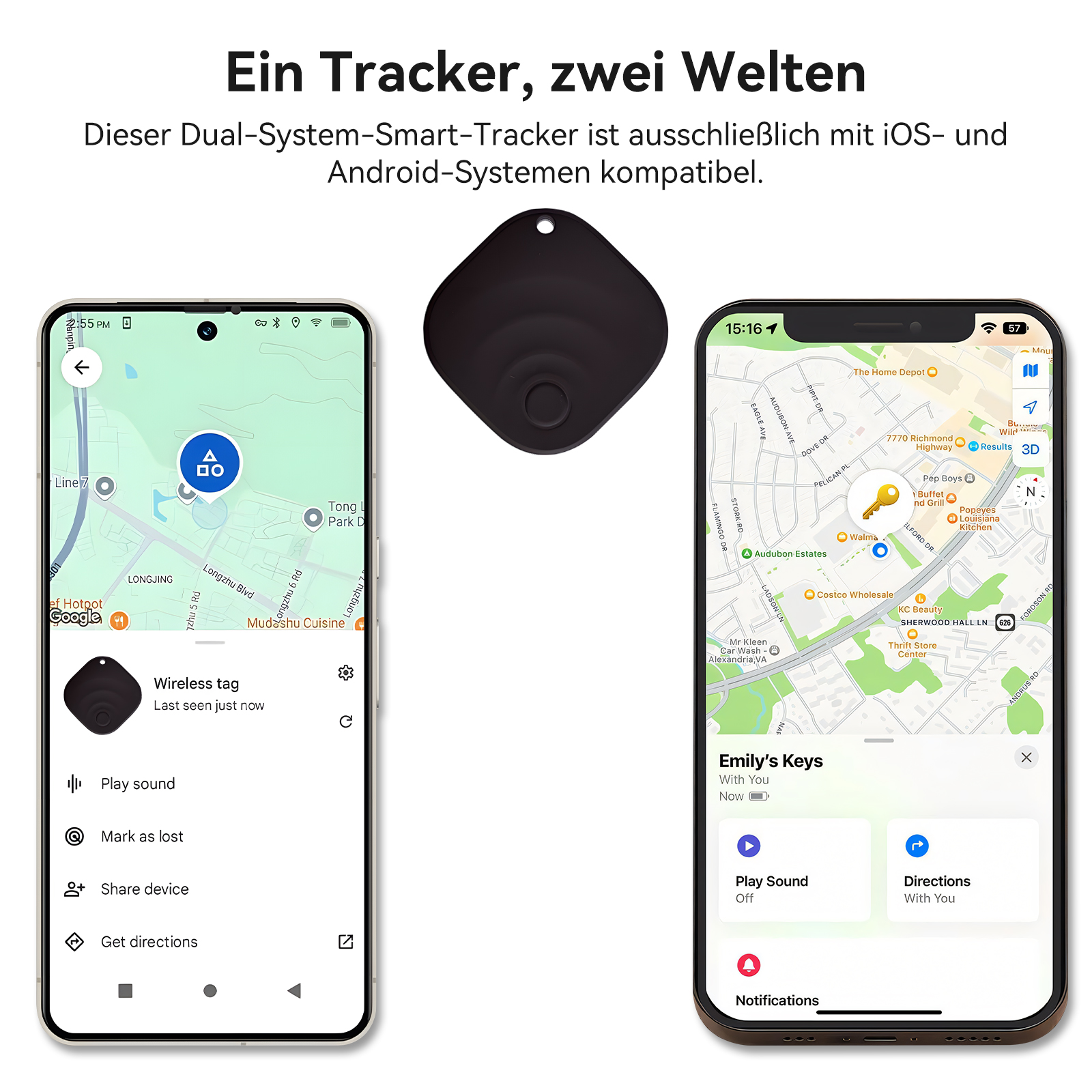 Das Bild zeigt einen schwarzen Tracker zwischen zwei Telefonen, die Karten anzeigen. Text: Ein Tracker, zwei Welten.