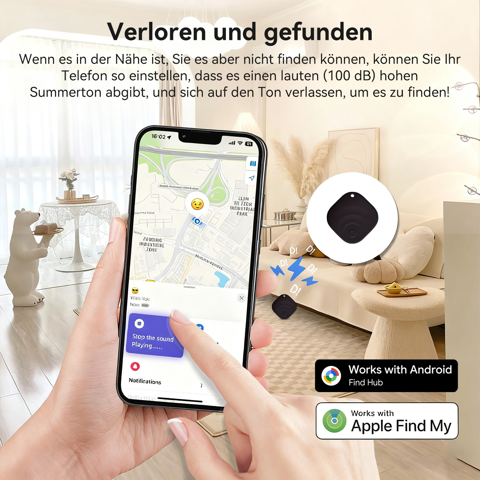 Ein Telefon zeigt eine Karte, eine Hand drückt 'Ton stoppen'. In der Nähe ein schwarzer Tracker und Text 'Find My'.