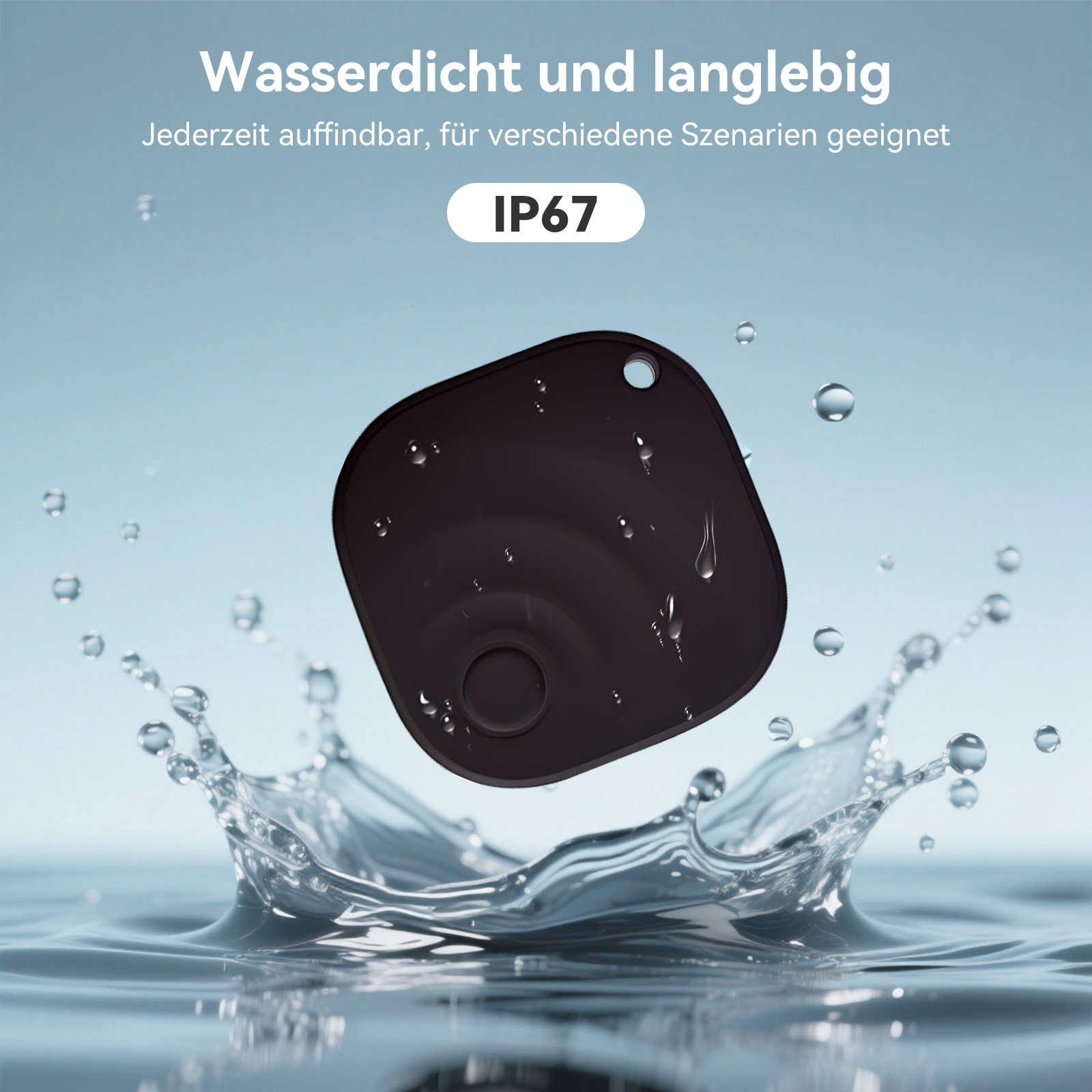 Ein schwarzer Tracker mit Wassertropfen, spritzendes Wasser. Text: wasserdicht und langlebig, IP67.