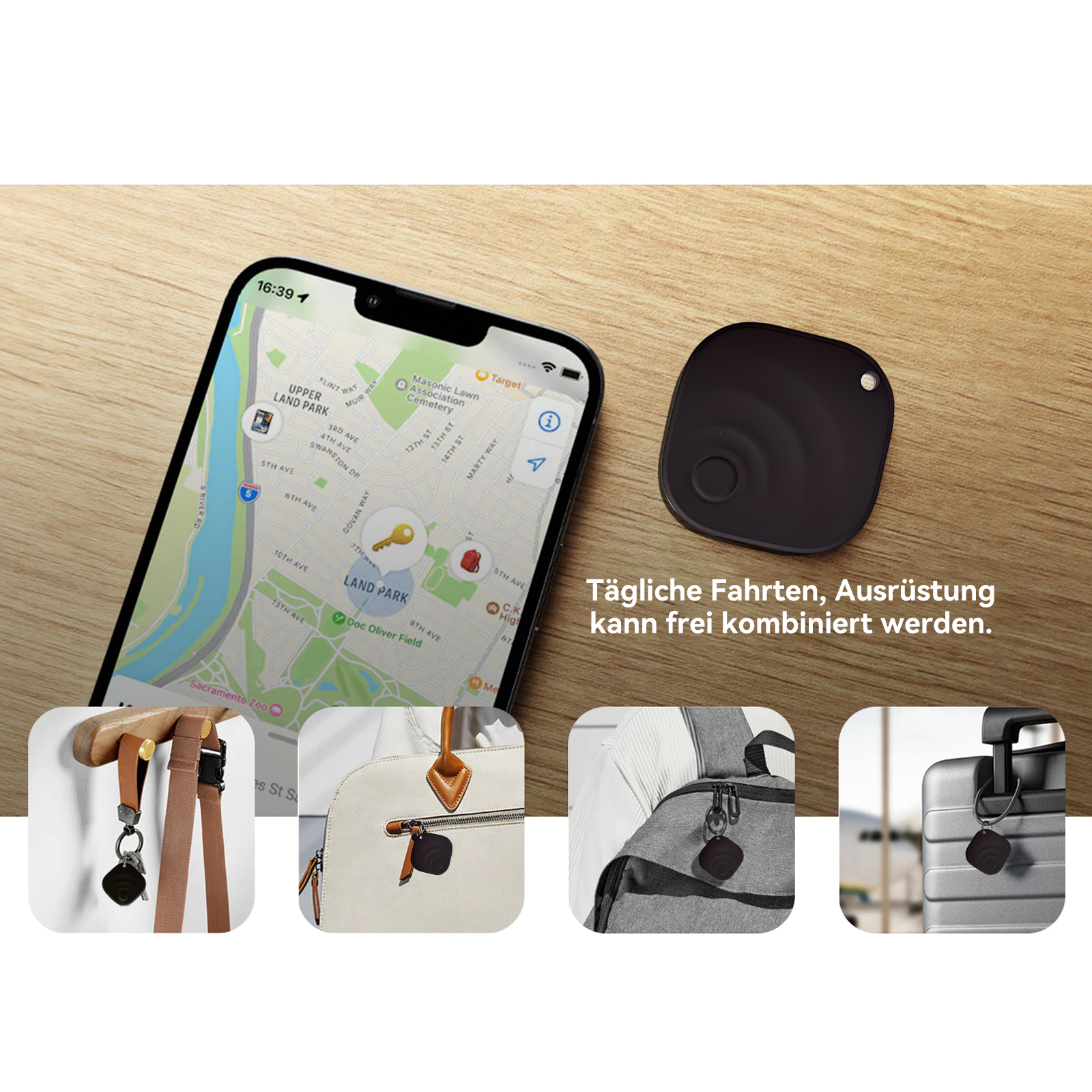 Ein Telefon zeigt eine Karte. Ein schwarzer Tracker und Anwendungsbeispiele auf Gepäck und Taschen werden gezeigt.