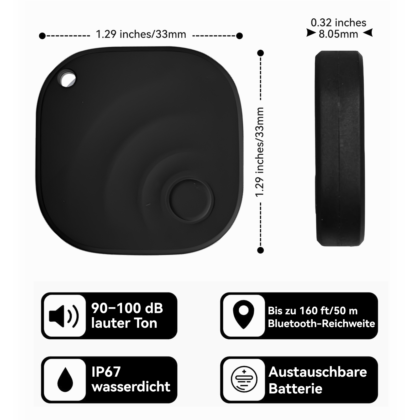 Schwarzer Tracker mit Abmessungen. Merkmale sind 90-100 dB Ton, IP67 wasserdicht und austauschbare Batterie, mit Bluetooth-Reichweite.
