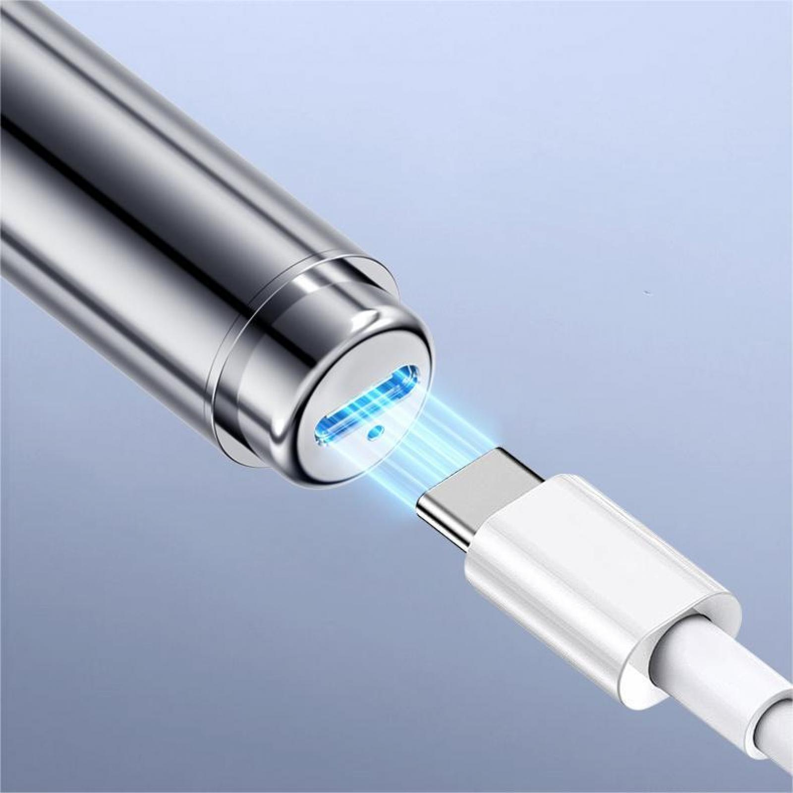 Ein silberner Ladeanschluss mit einem weißen USB-C-Kabel. Blaues Licht geht vom Anschluss aus, was auf die Energieübertragung hindeutet.