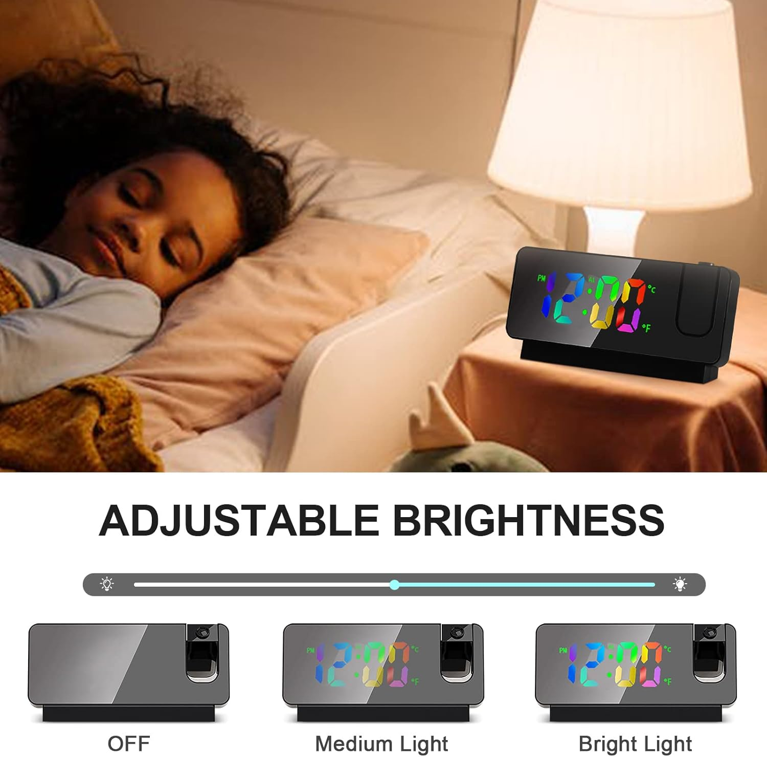 Ein schlafendes Kind neben einem Bett, eine Digitaluhr mit 12:00 Uhr und Optionen zur Helligkeitseinstellung: aus, mittel und hell.