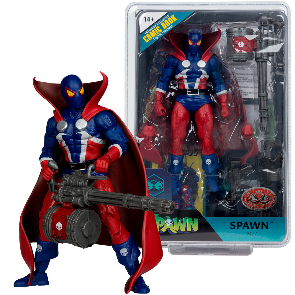 Eine Spawn-Actionfigur mit einer Minigun, neben einer verpackten Figur. Die Figur hat eine rote und blaue Rüstung und einen roten Umhang.