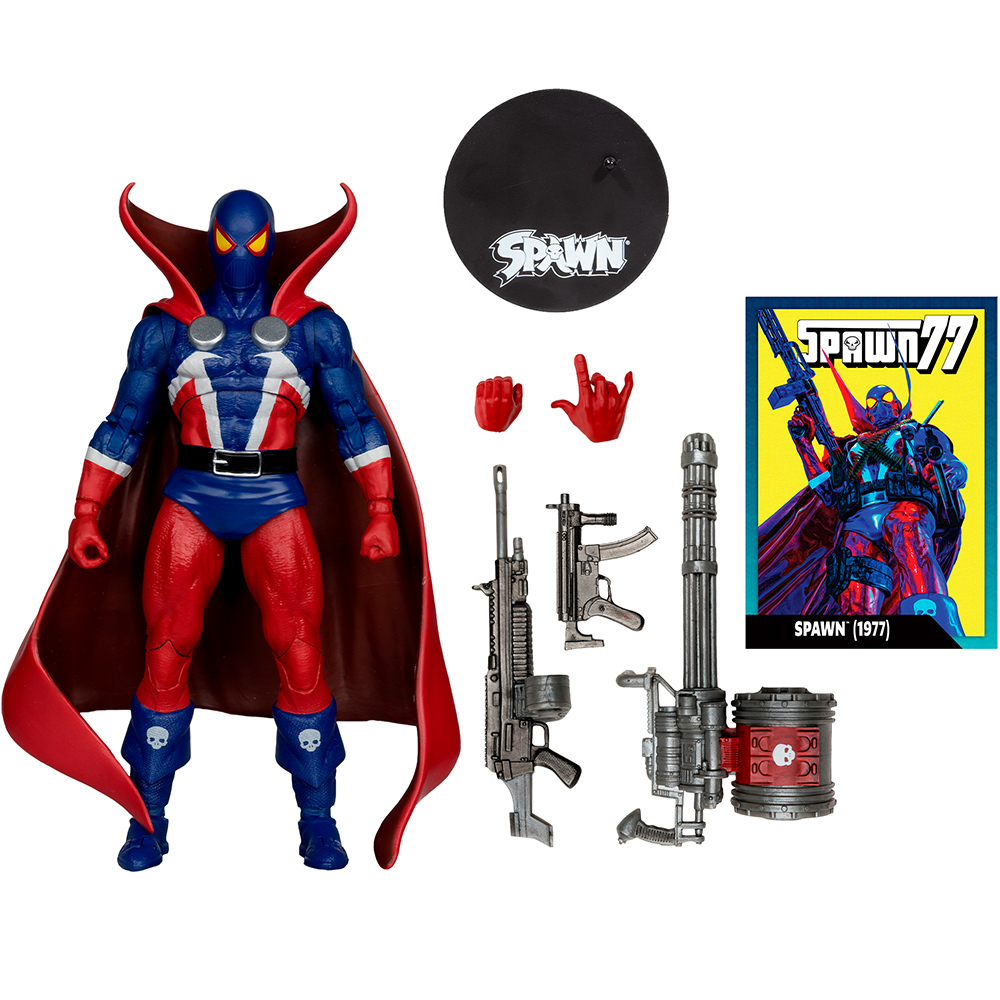 Eine Spawn-Actionfigur mit Zubehör. Sie hat einen roten Umhang, einen blau-roten Anzug und verschiedene Waffen. Ein Spawn-Comic ist ebenfalls vorhanden.