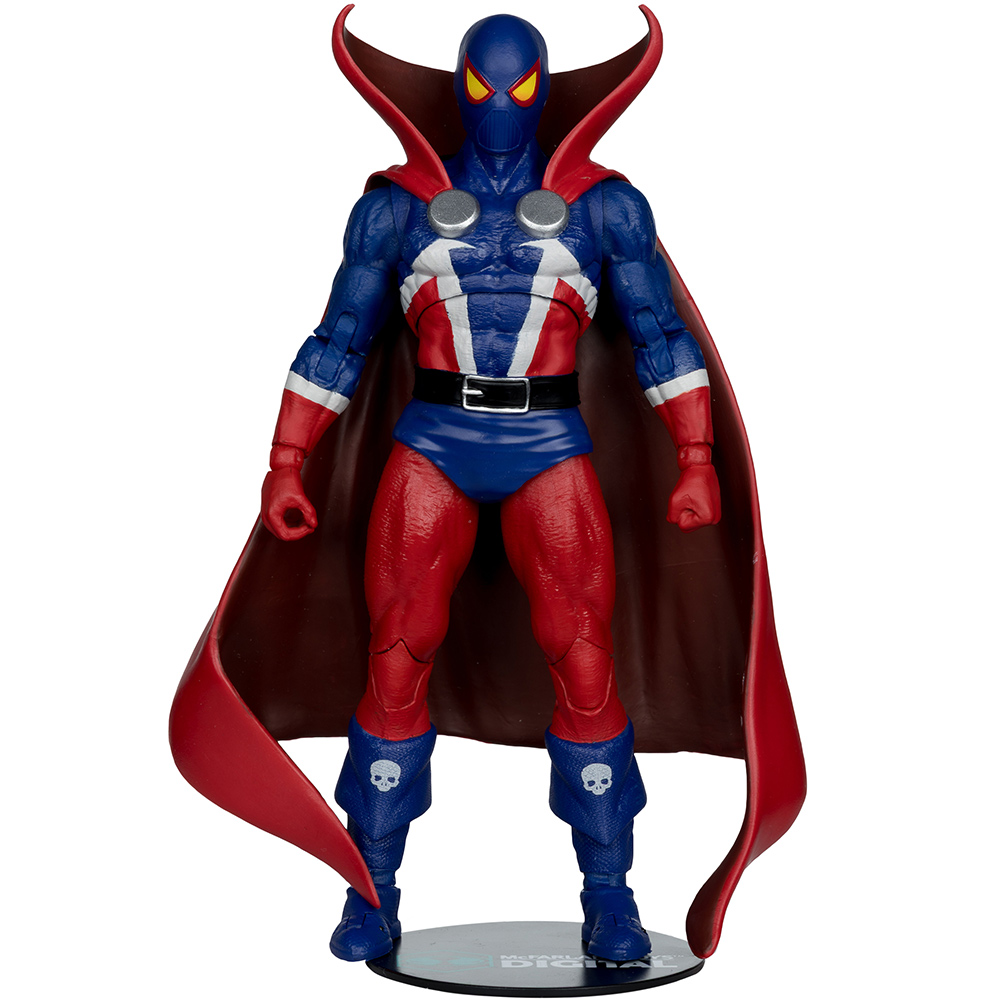 Actionfigur eines Superhelden mit blauem und rotem Anzug, Umhang und Maske. Die Figur steht auf einem schwarzen Ständer.