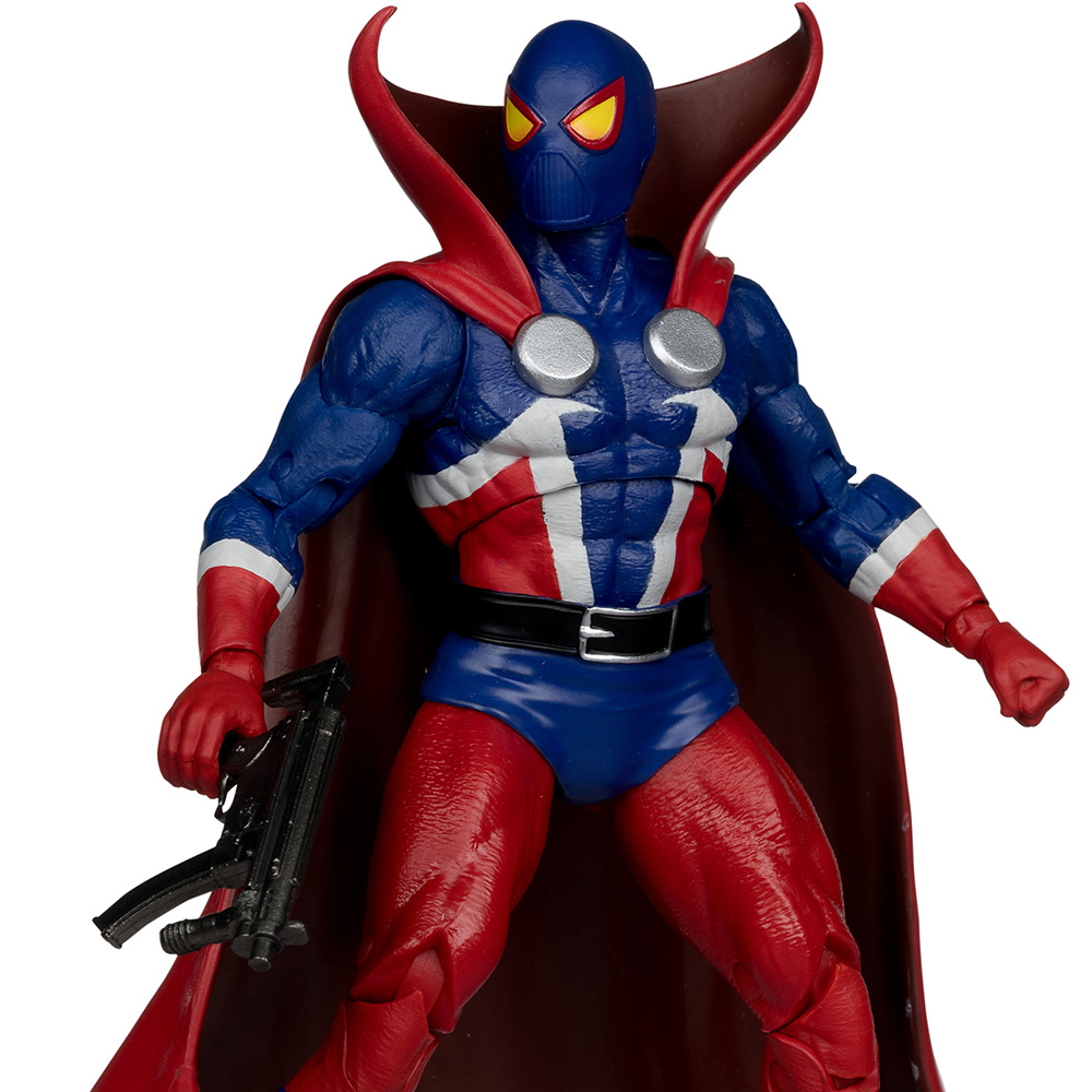 Actionfigur eines Superhelden in Blau, Rot und Weiß. Er trägt eine Maske mit gelben Augen und hält eine Waffe mit einem roten Umhang.