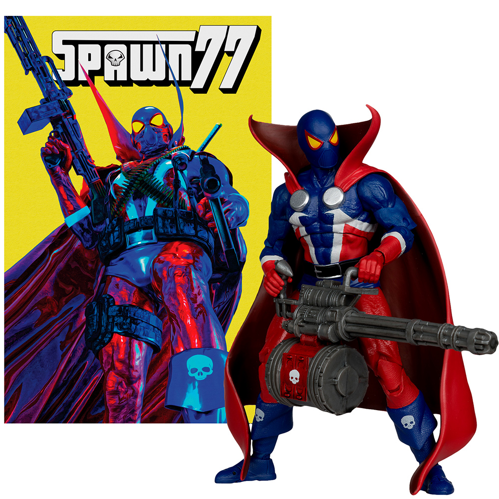 Zwei Spawn-Actionfiguren. Eine hält eine große Waffe auf gelbem Hintergrund. Die andere hält ein schweres Maschinengewehr.