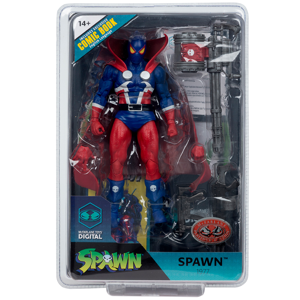 Eine Spawn-Actionfigur in einer Verpackung. Die Figur ist rot, blau und weiß. Die Verpackung enthält ein Comicbuch.