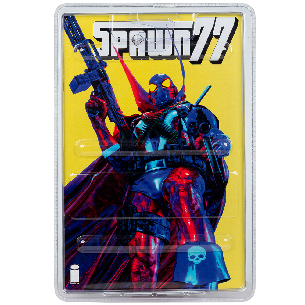 Spawn 77 Actionfigur in Plastikverpackung. Die Figur ist blau, rot und schwarz und hält eine Waffe. Gelber Hintergrund. Die Hülle ist transparent.