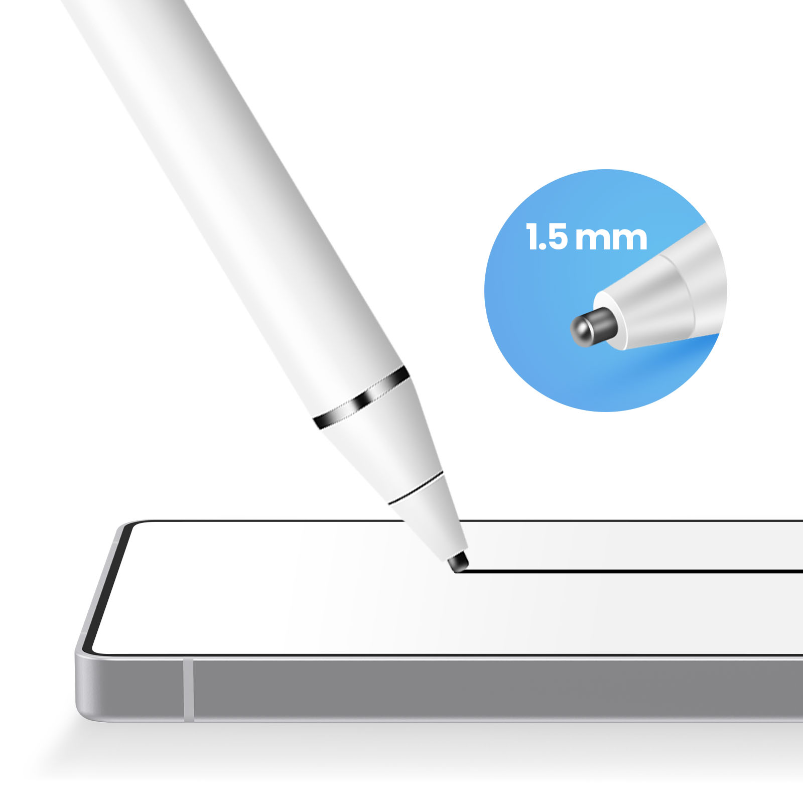 Uno stilo bianco disegna su un tablet bianco. Un cerchio blu con la scritta '1,5 mm' è sullo sfondo.