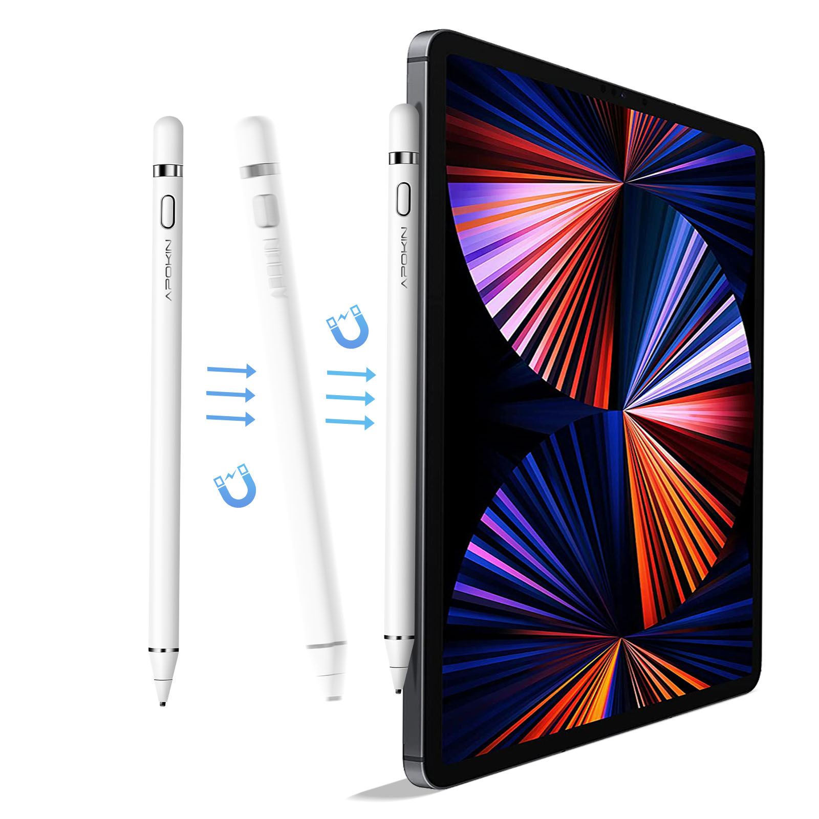 Stilo bianco con frecce che puntano verso un tablet con schermo colorato. Sono presenti anche icone magnetiche.