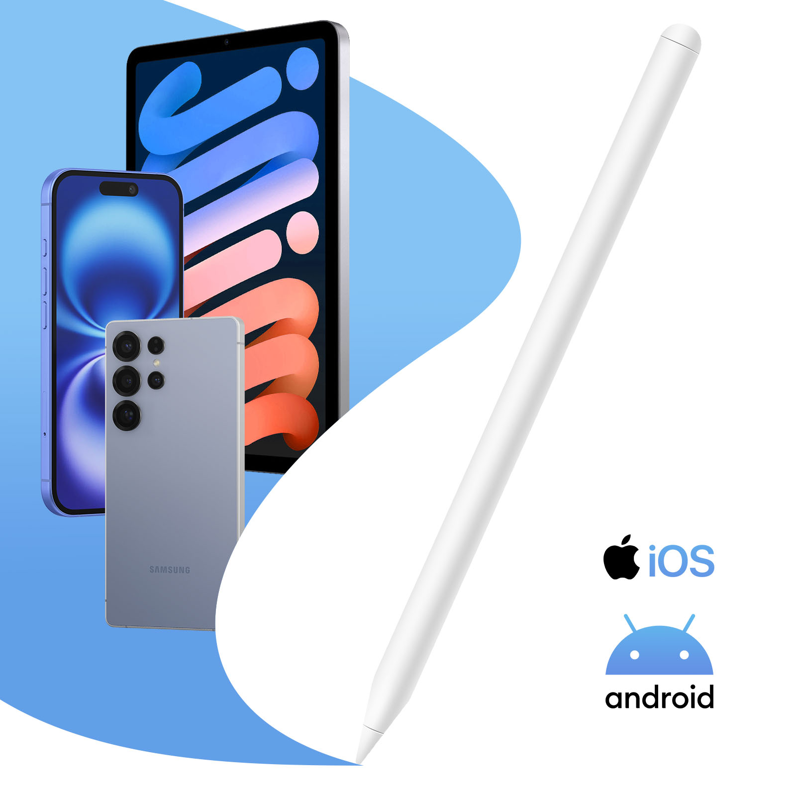 Das Bild zeigt ein Tablet, zwei Handys, einen weißen Stift und iOS/Android-Logos auf blauem Hintergrund.