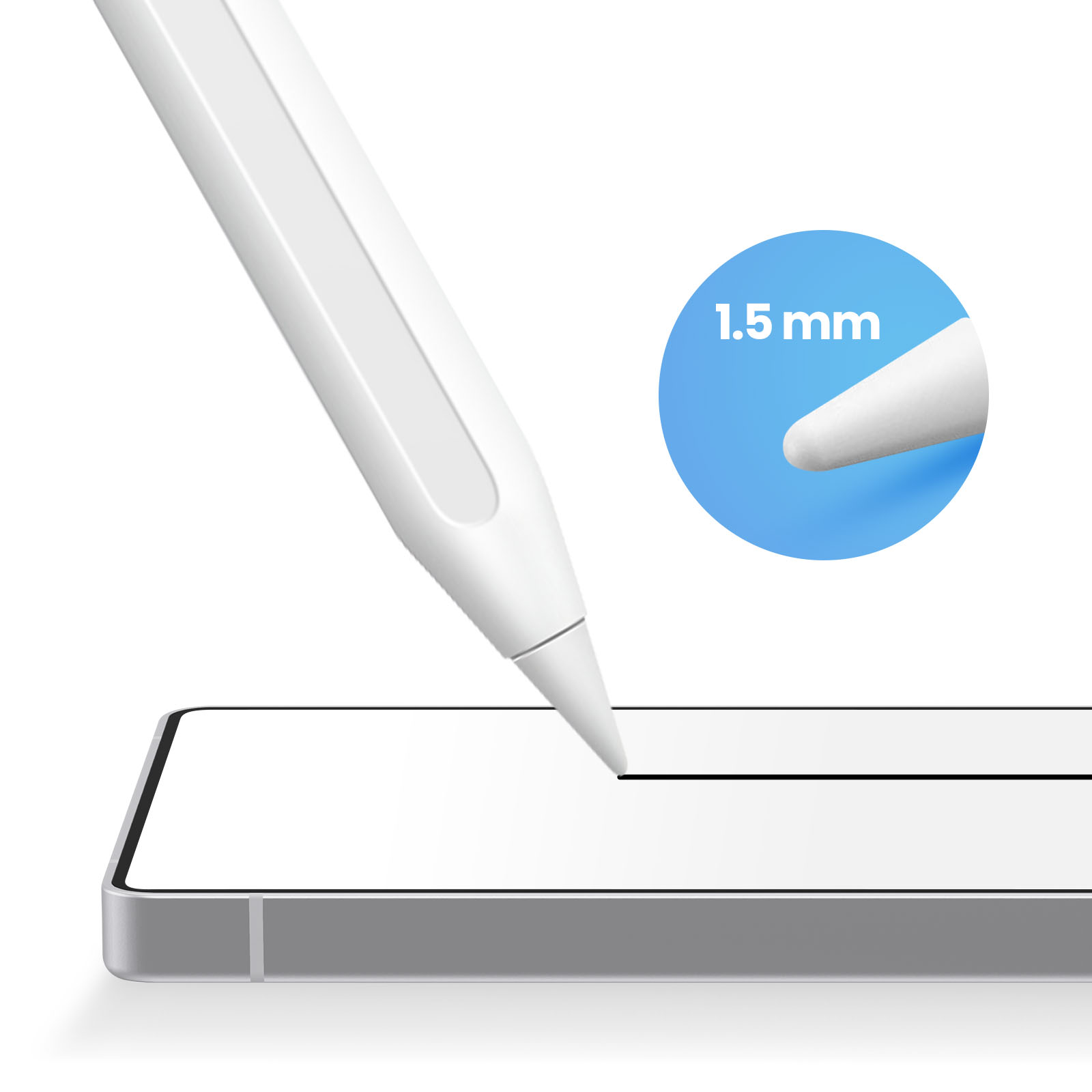 Ein weißer Stift zeichnet eine schwarze Linie auf einem weißen Tablet. Ein blauer Kreis zeigt die Stiftspitze als 1,5 mm an.