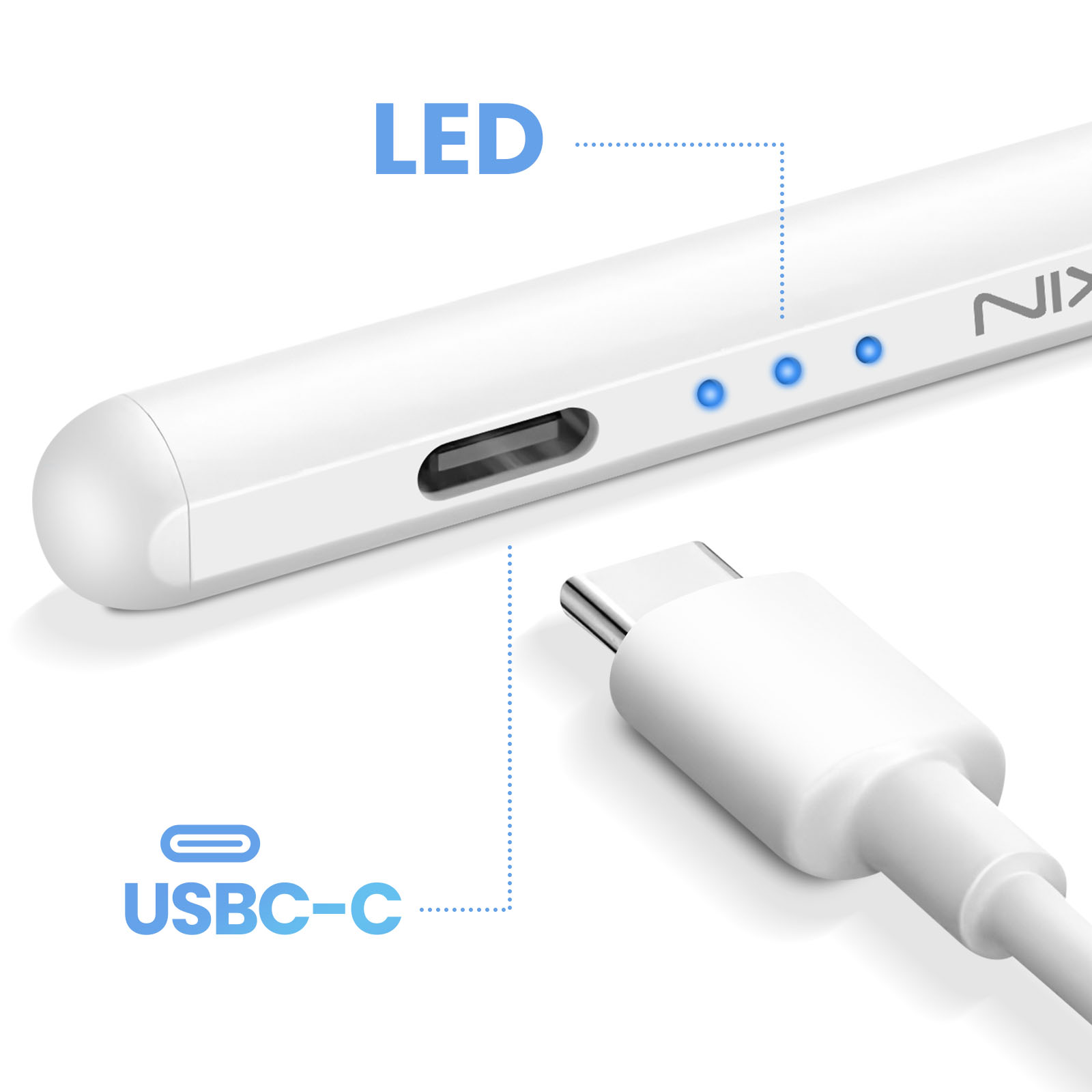 Ein weißer Stift mit blauen LEDs und ein USB-C-Kabel, beides auf weißem Hintergrund, beschriftet mit LED und USB-C.