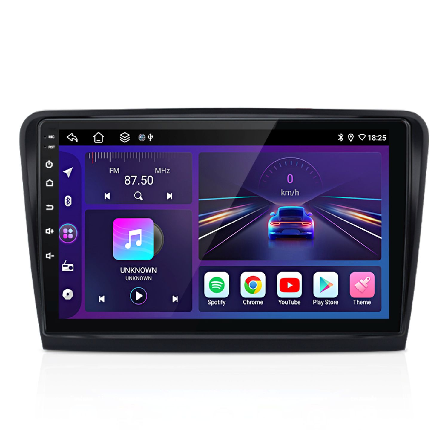 Ein Auto-Multimedia-Bildschirm mit Radio-, Geschwindigkeits- und App-Symbolen wie Spotify und YouTube. Die Uhrzeit ist 18:25.