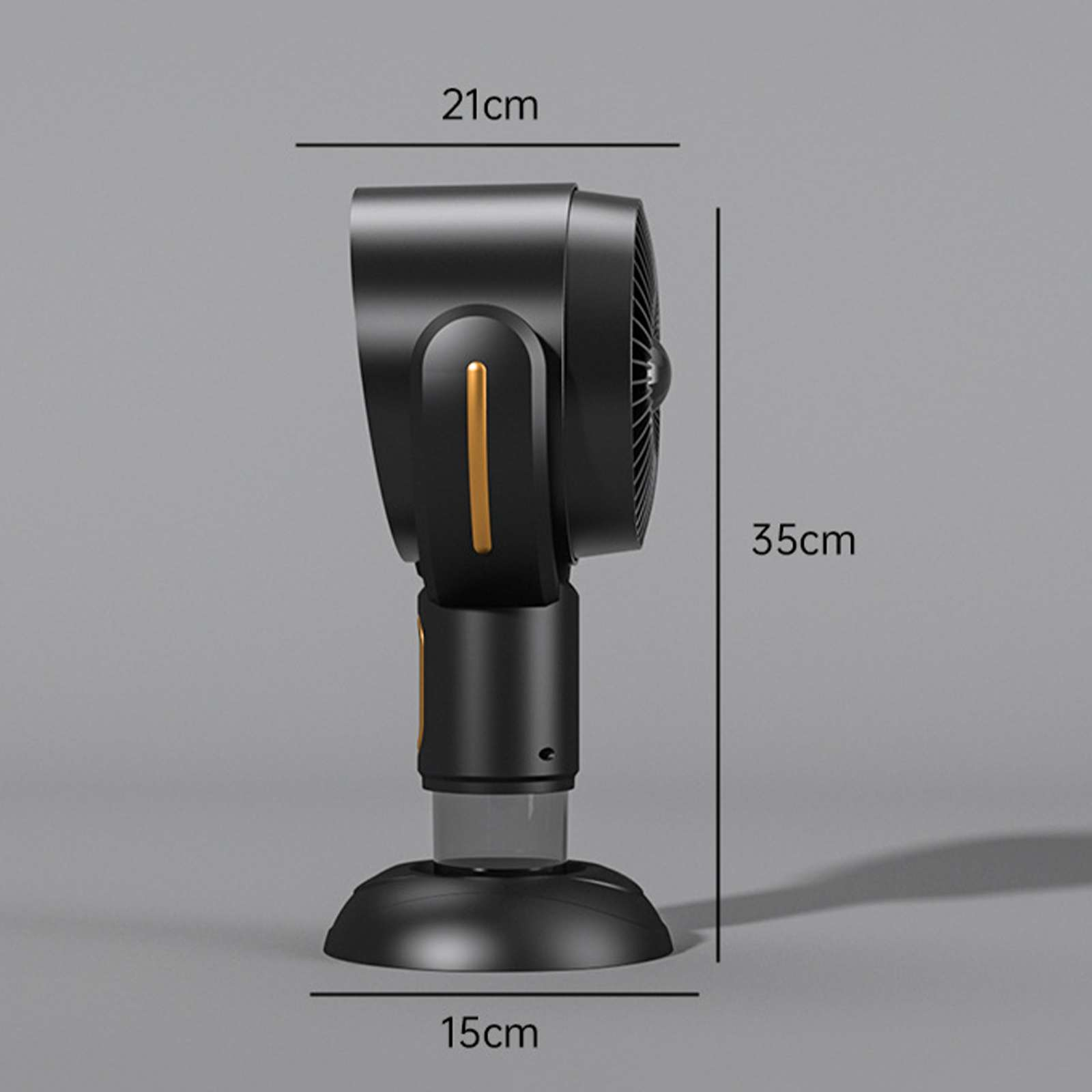 Ein schwarzer Ventilator mit goldenen Akzenten auf grauem Hintergrund. Abmessungen: 21 cm, 35 cm und 15 cm.