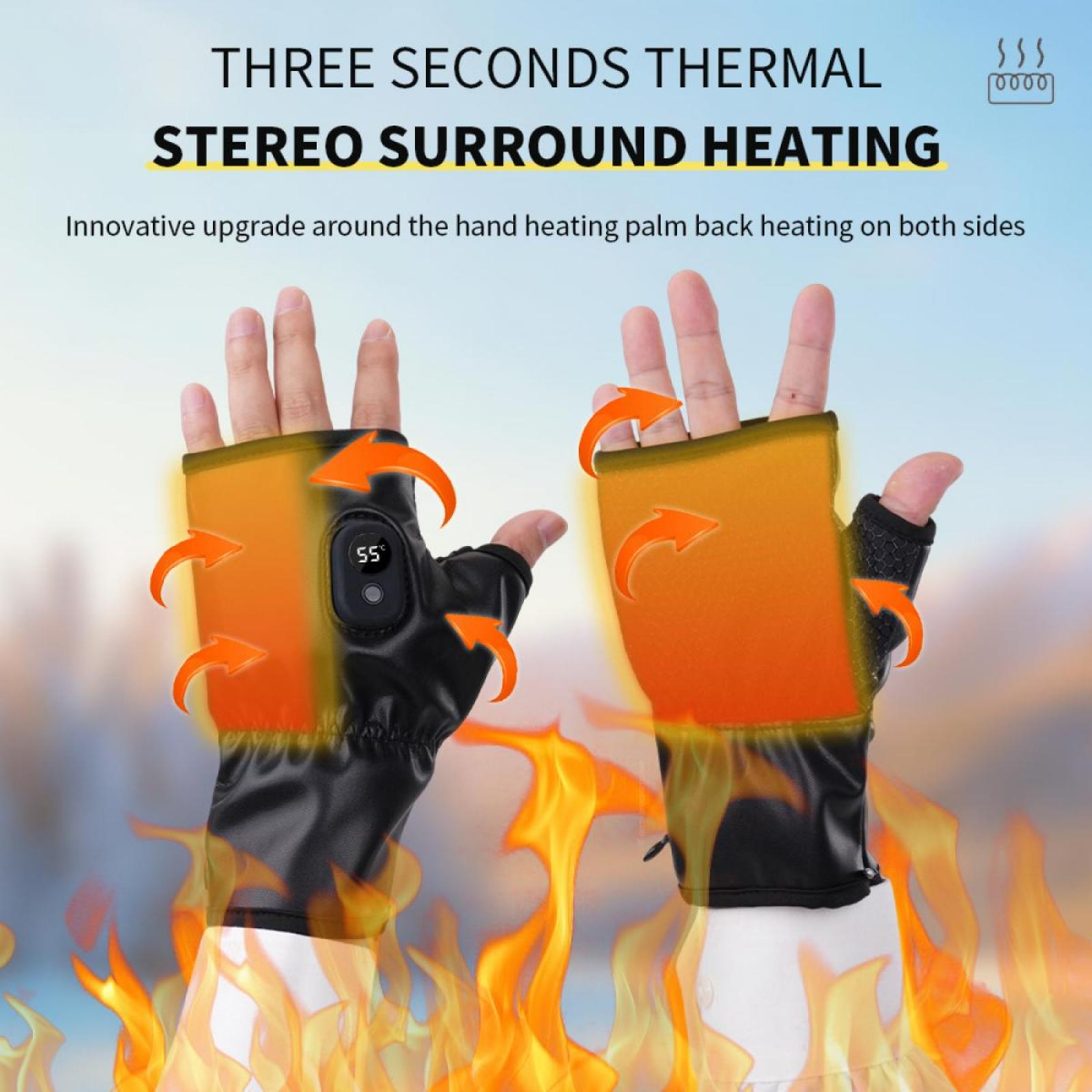 Hände mit schwarzen beheizten Handschuhen. Pfeile zeigen den Wärmefluss. Flammen sind unten.