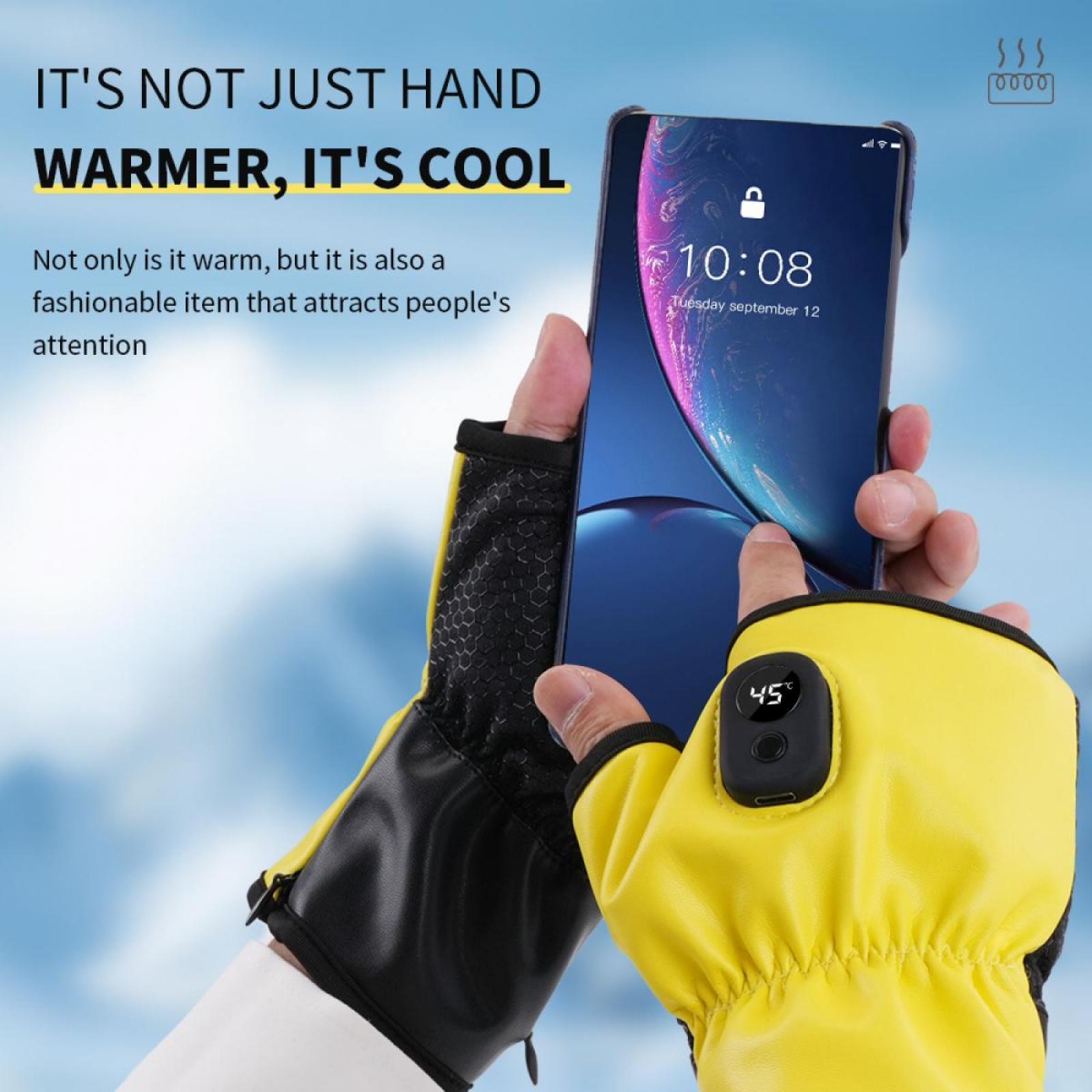 Eine Person, die gelbe beheizte Handschuhe trägt, hält ein Smartphone. Das Telefon zeigt die Uhrzeit und ein Schloss-Symbol an.