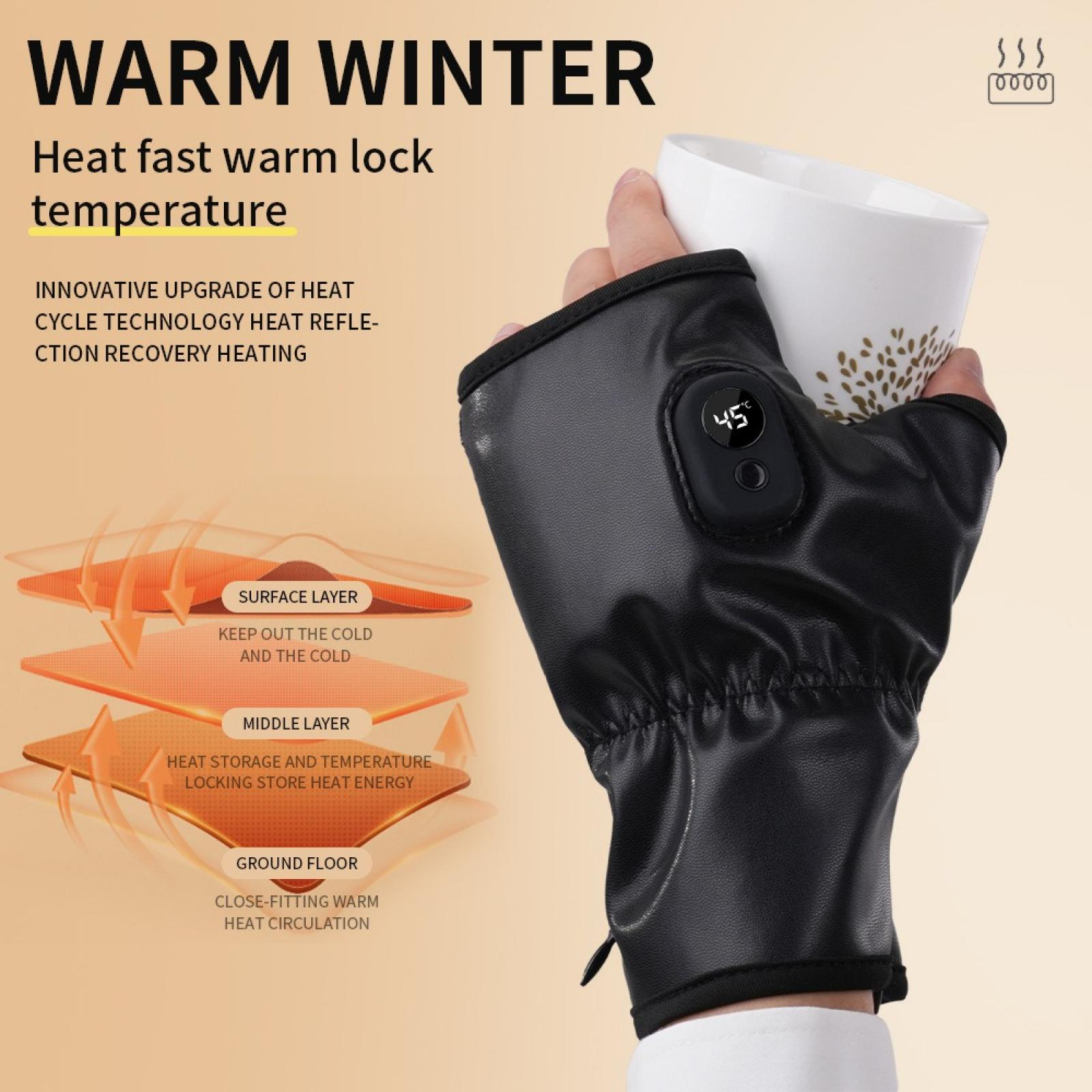 Schwarzer beheizter Handschuh, der einen weißen Becher hält. Der Handschuh zeigt 45°C an. Text erklärt die Wärmetechnologie.