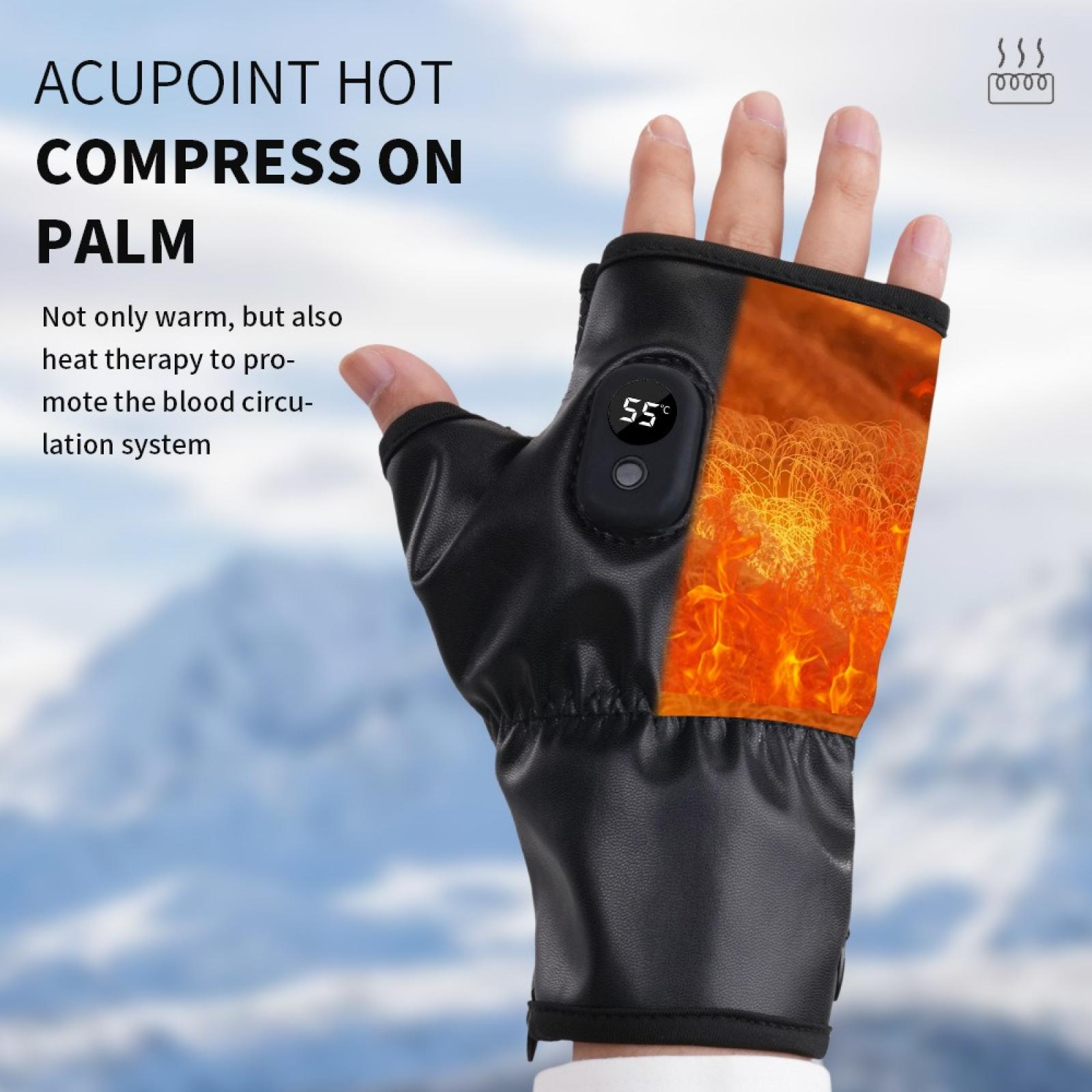 Eine Hand mit einem schwarzen beheizten Handschuh mit digitaler Anzeige von 55°C. Der Handschuh ist mit 'ACUPOINT HOT COMPRESS ON PALM' beschriftet.