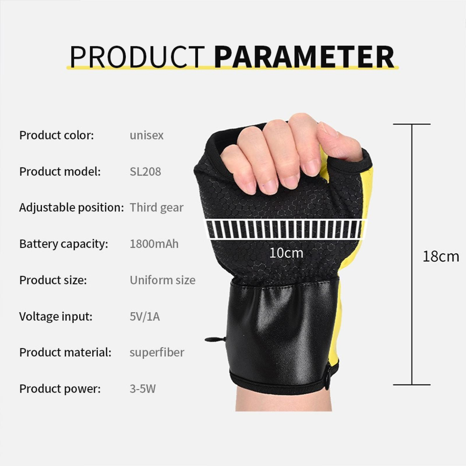 Ein schwarzer und gelber Handschuh wird von einer Hand gehalten. Produktdetails umfassen Größe, Material und Leistungsangaben.