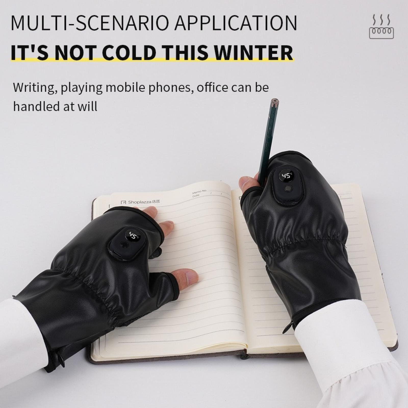 Schwarze beheizte Handschuhe mit Digitalanzeigen. Eine Person schreibt mit einem Bleistift in ein Notizbuch. Text: Es ist diesen Winter nicht kalt.