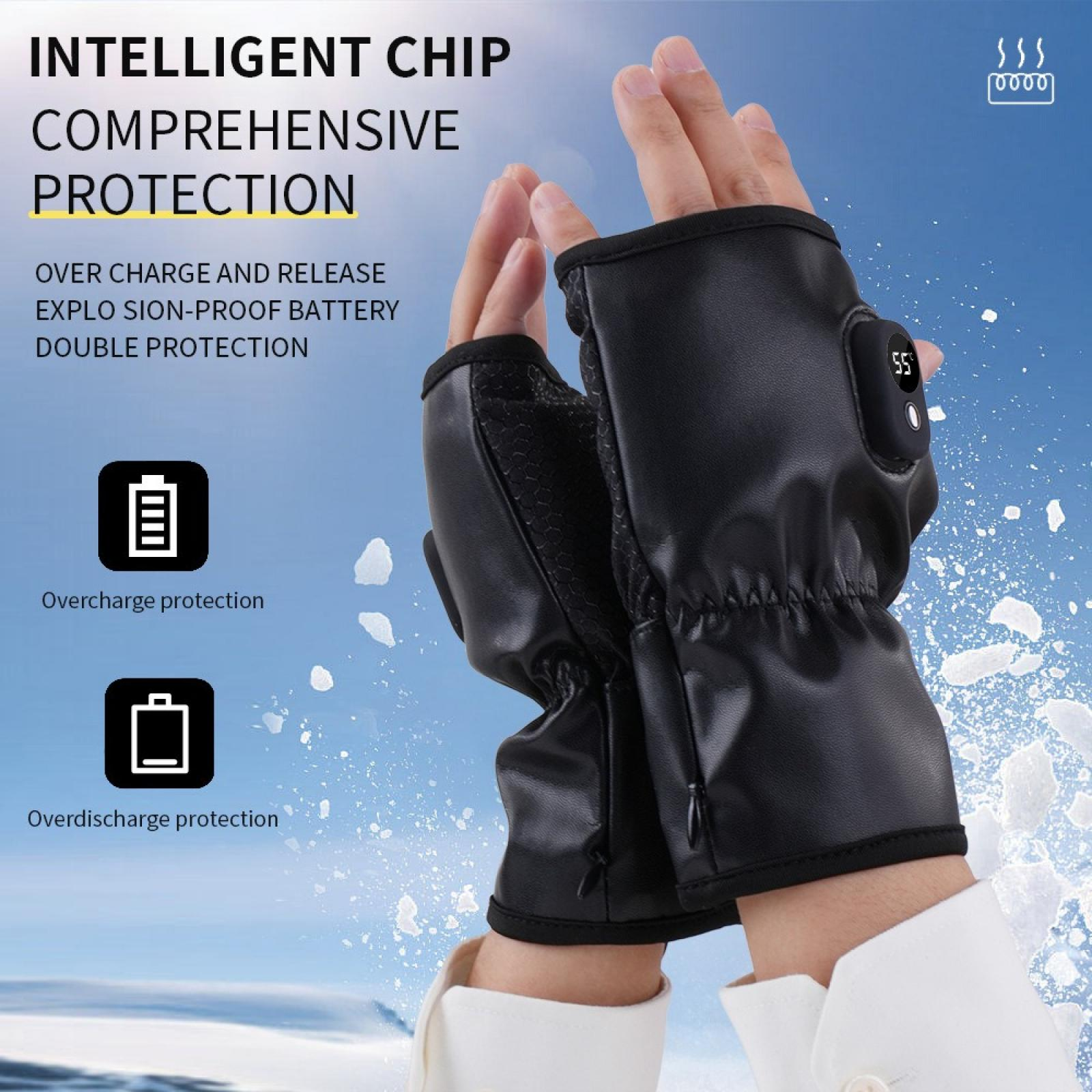 Schwarze beheizbare Handschuhe mit Digitalanzeige. Der Text auf dem Bild lautet 'Intelligent Chip Comprehensive Protection'.