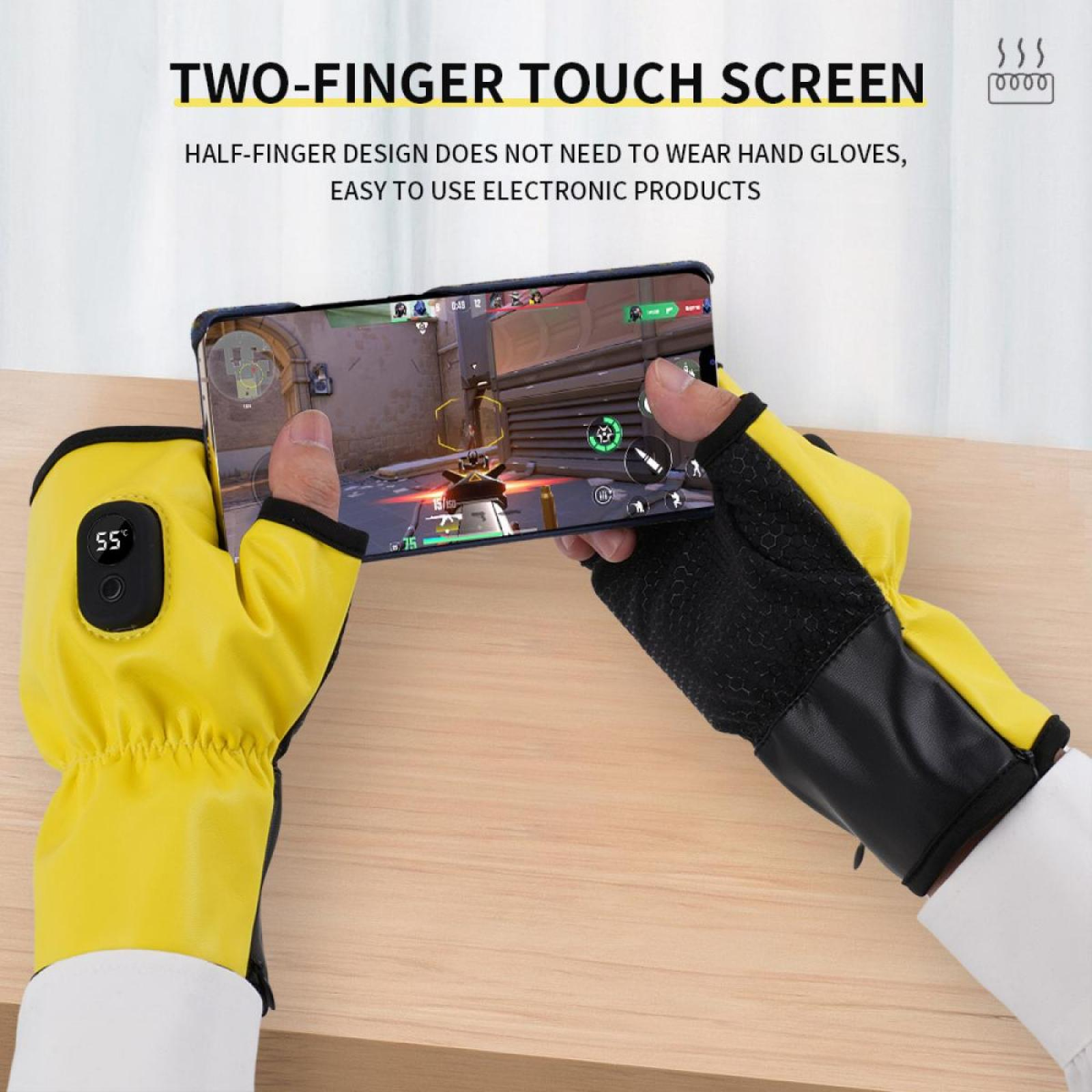 Hände mit gelben und schwarzen Handschuhen halten ein Telefon und spielen ein Spiel. Text: Zwei-Finger-Touchscreen.