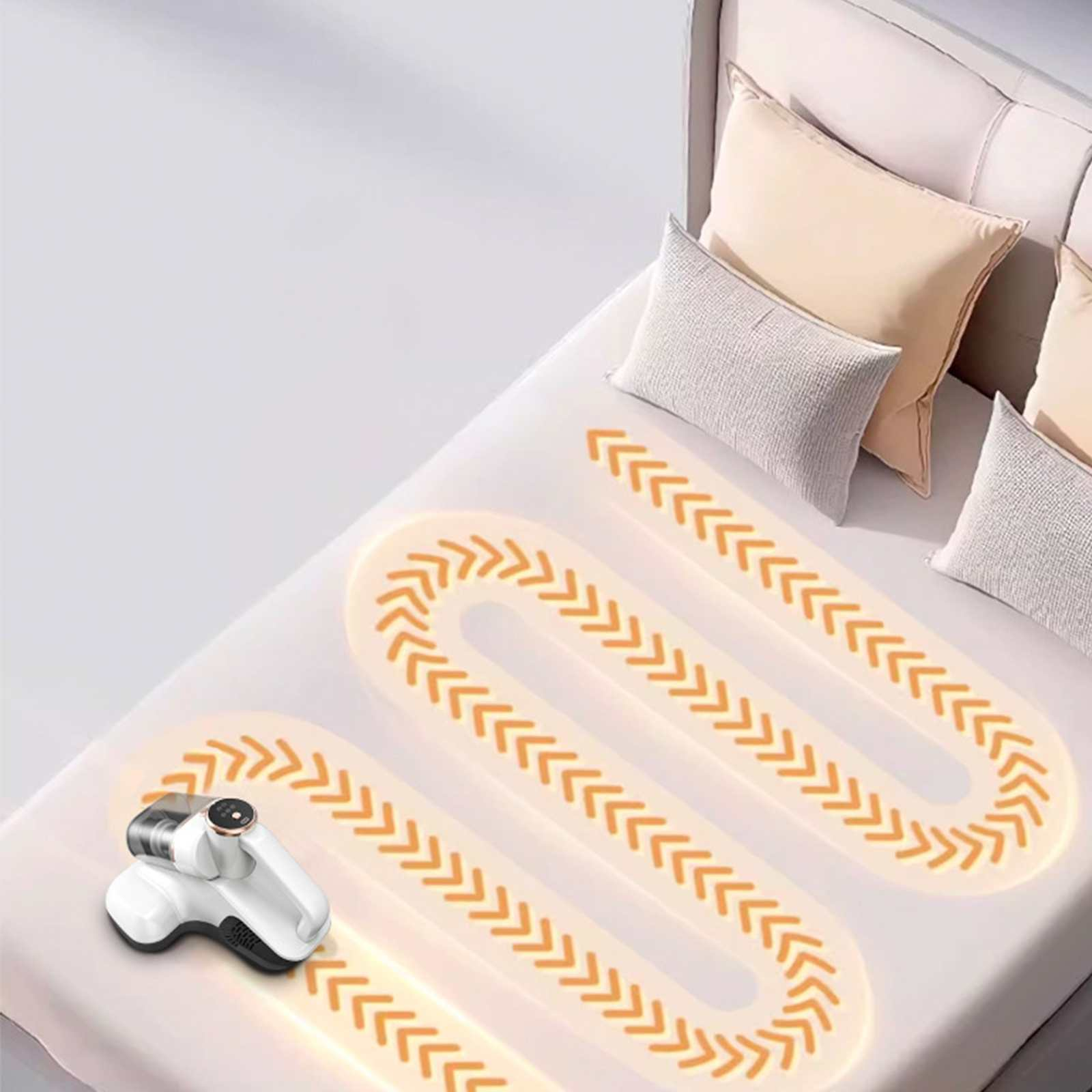 Ein weißes Bett mit Kissen und einem weißen Staubsauger. Orangefarbene Pfeile zeigen einen Reinigungspfad auf dem weißen Bett an.