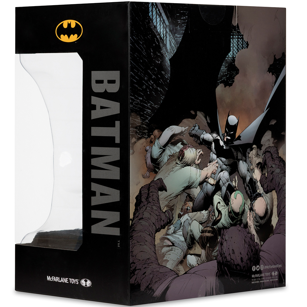 Batman-Figurenbox. Batman kämpft gegen Bösewichte. Die Box ist schwarz mit einem Batman-Logo und den Wörtern 'Batman' und 'McFarlane Toys'.