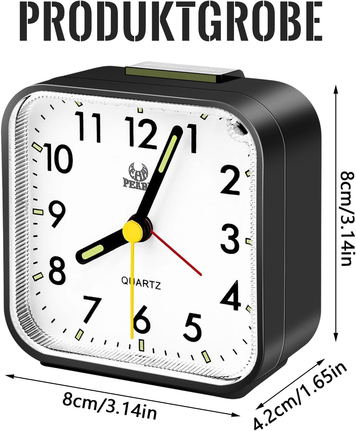 Ein schwarzer analoger Wecker mit weißem Zifferblatt. Die Uhr hat schwarze Zeiger, einen gelben Sekundenzeiger und die Abmessungen sind angegeben.