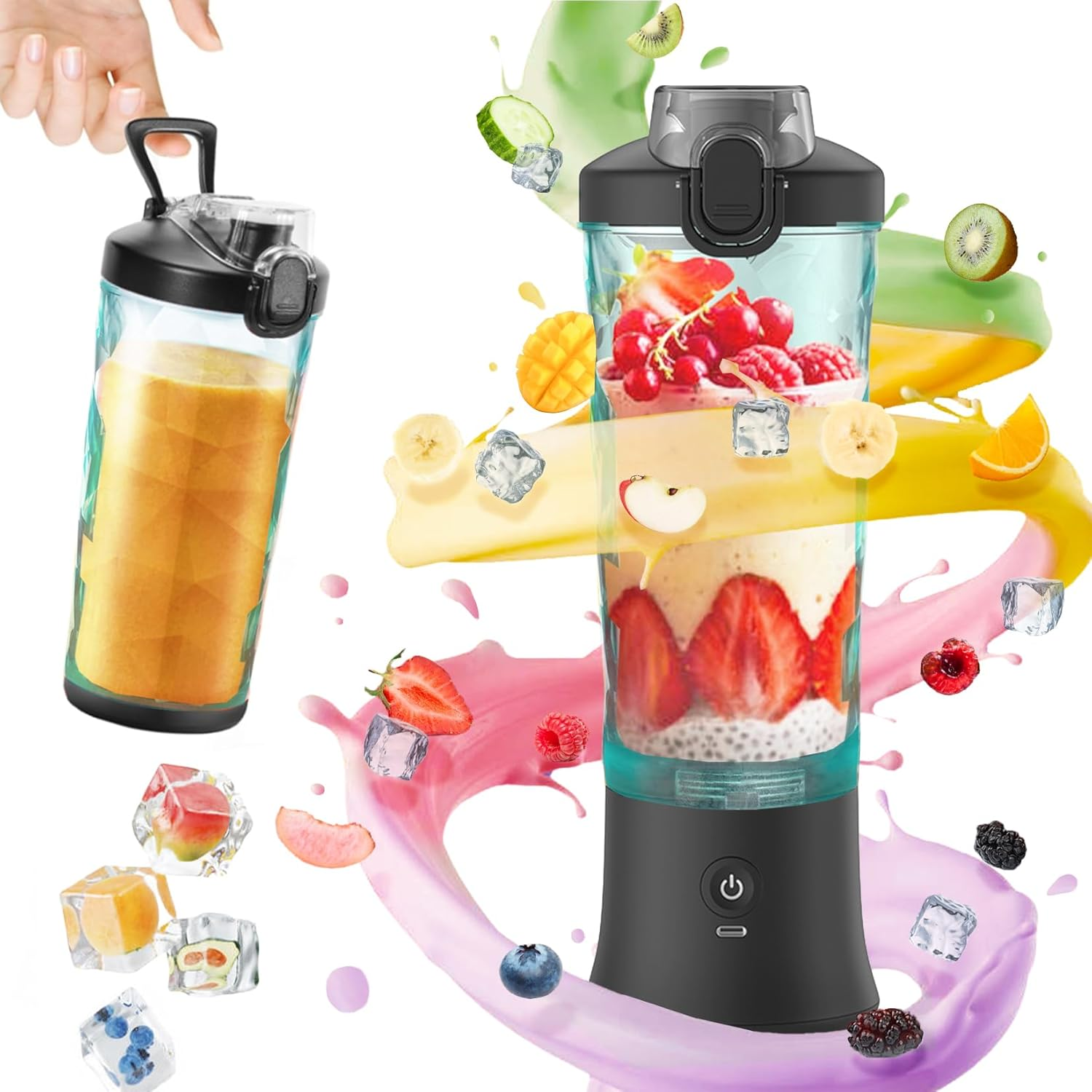 Zwei Mixer mit Obst. Einer enthält orangefarbene Flüssigkeit, der andere ist mit Erdbeeren und anderem Obst gefüllt.