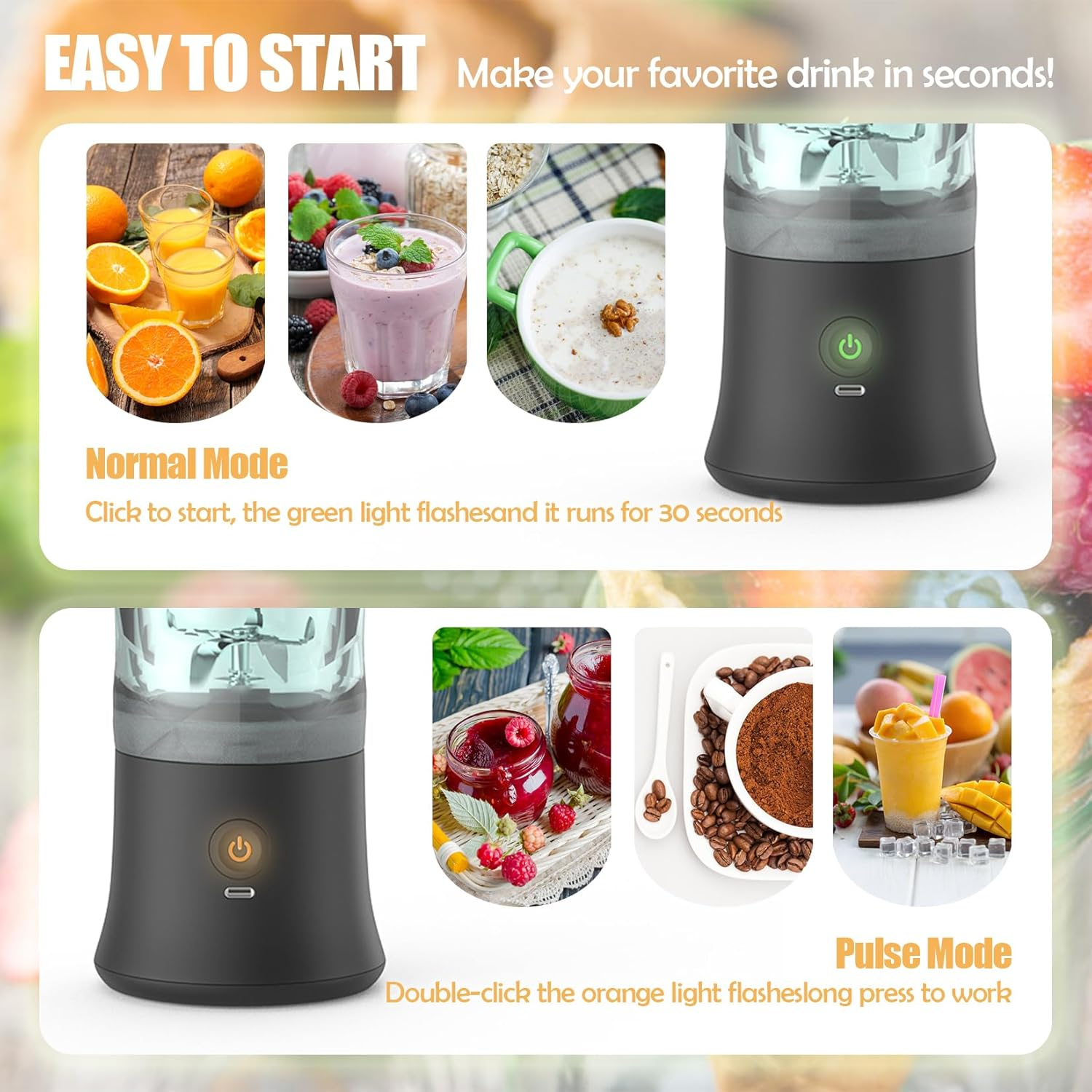 Das Bild zeigt einen Mixer und verschiedene Getränke: Orangensaft, Smoothie, Haferflocken, Marmelade, Kaffee und Mango-Smoothie. Anweisungen werden bereitgestellt.