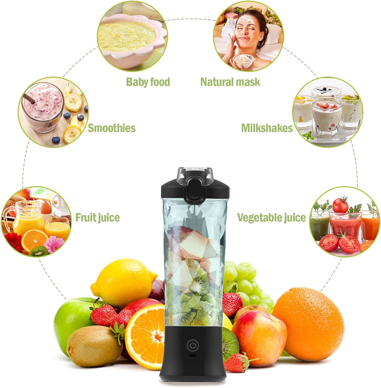 Ein Mixer mit Obst und Gemüse sowie Bilder von Babynahrung, Smoothies, Naturmaske, Milchshakes, Frucht- und Gemüsesäften.