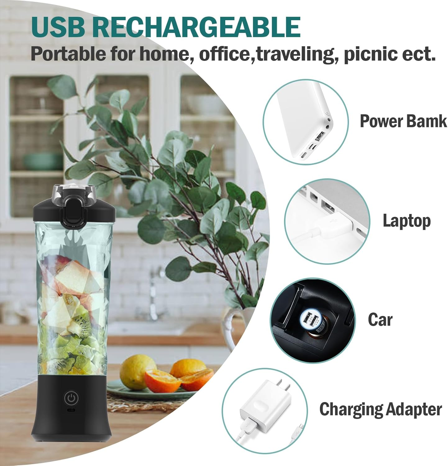 Ein Mixer mit Früchten, daneben Illustrationen von Lademethoden: Powerbank, Laptop, Auto, Ladegerät. Text: USB wiederaufladbar.