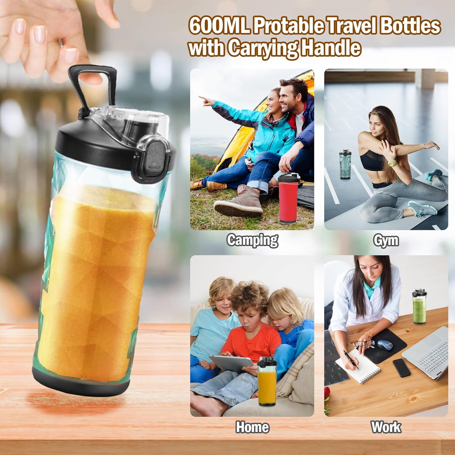 Eine Hand hält eine Reiseflasche mit Saft. Andere Bilder zeigen die Nutzung der Flasche im Fitnessstudio, zu Hause, bei der Arbeit und beim Camping.