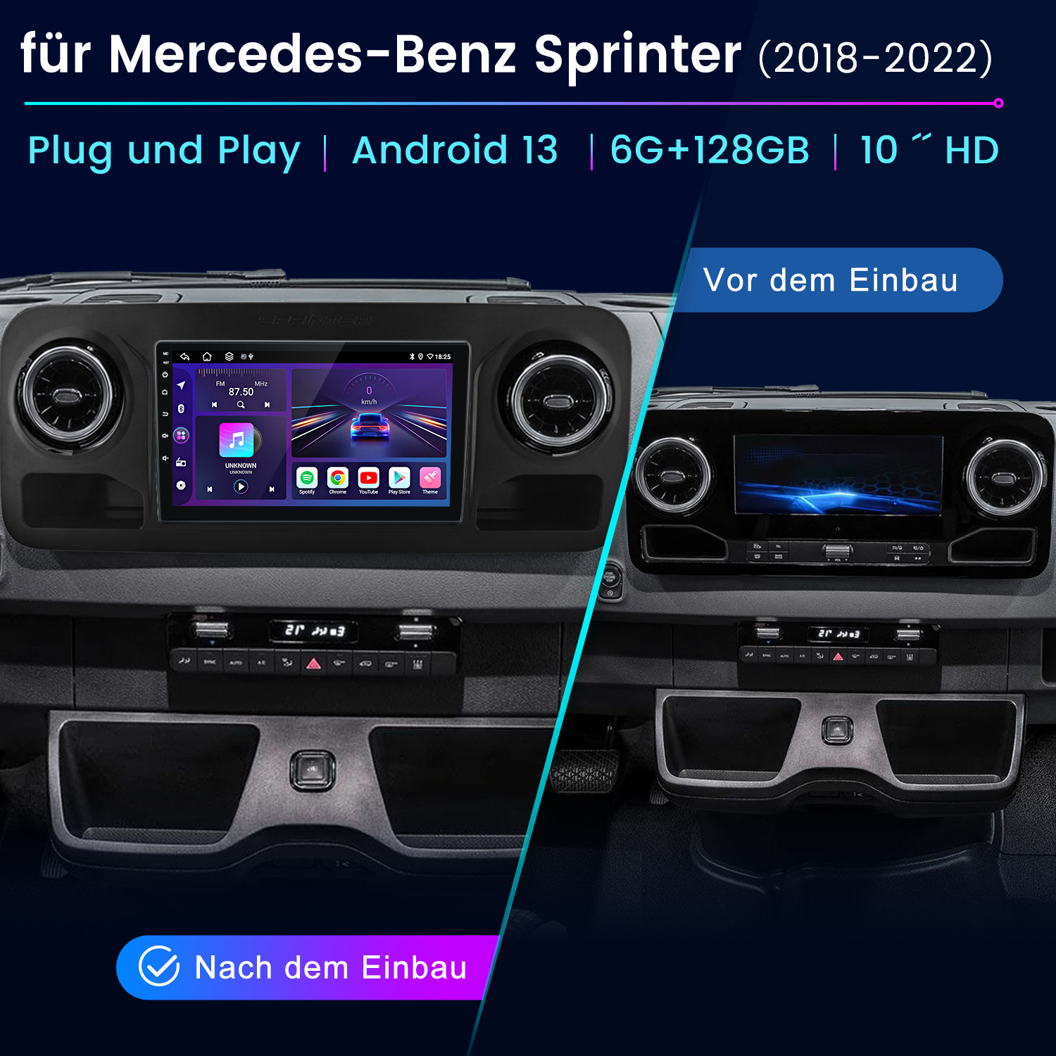 Vergleich des Armaturenbretts vor und nach der Installation eines neuen Android-Systems. Zeigt Navigation und Medienbedienung.