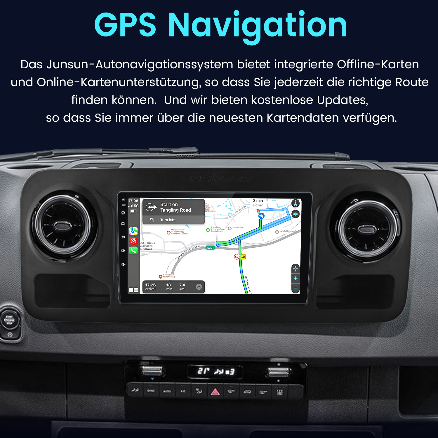 Armaturenbrett mit GPS-Navigation. Zeigt eine Karte mit Routenführung. Text überlagert sagt GPS-Navigation.