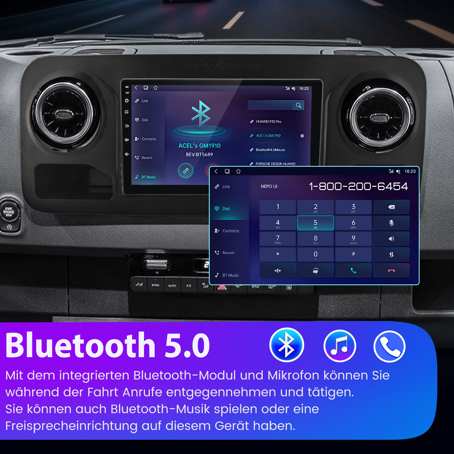 Auto-Armaturenbrett mit Touchscreen, der eine Telefonschnittstelle und Bluetooth-Optionen anzeigt. Text unten: Bluetooth 5.0.