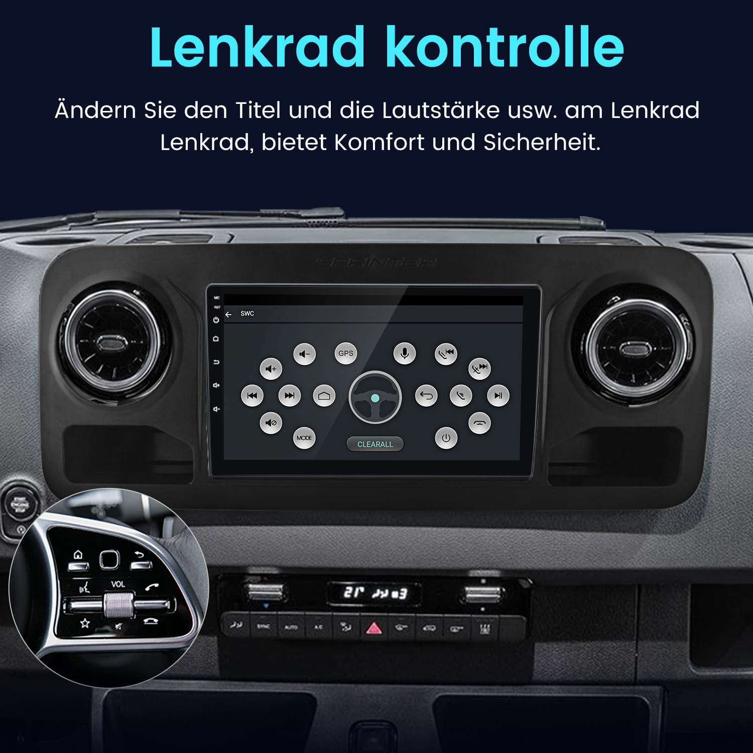 Autokontakt mit Bildschirm und Lenkradsteuerung. Text oben: 'Lenkrad kontrolle'.